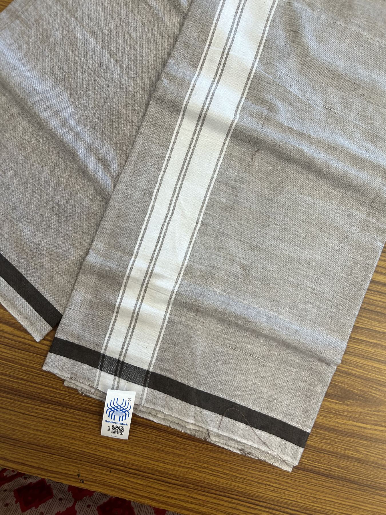 Kerala Handloom - Signature Kaitharikada - Government Sealed Hallmarked - 100% Pure Cotton 2/60x40s Thread - Single Mundu / Dhoti - 2 inch White Striped Kara with Light Copper Rose colour Body - 19 KK8046 KAL