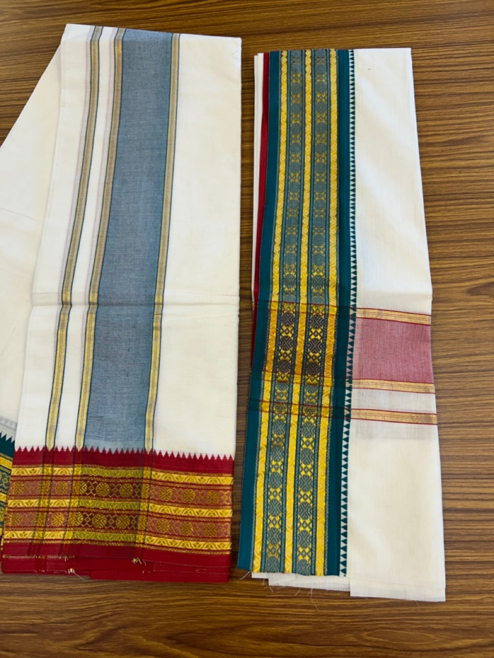 20% Discount! KaithariKada Mixed Cotton Off White - (Unbleached) 80x90 thread - North Indian - Gamcha 8x4 - 3.25 inch kara with Green & Red Gold Kasav Jacquard border - 19 KK5303 PMC