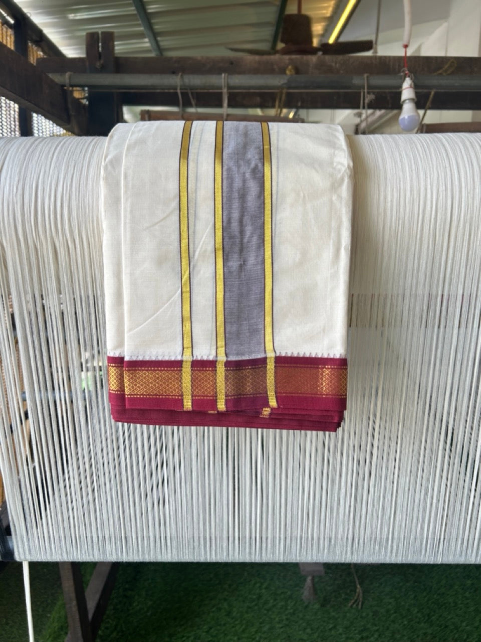20% DISCOUNT! KaithariKada 100% Cotton OFF WHITE - (Unbleached) 100x80 thread - NORTH INDIAN- ATTACHED GAMCHA 9x5 Dhoti - 2 inch Violet kara with Maroon & Dark Green Kasavu border - 105KK5227 PMC
