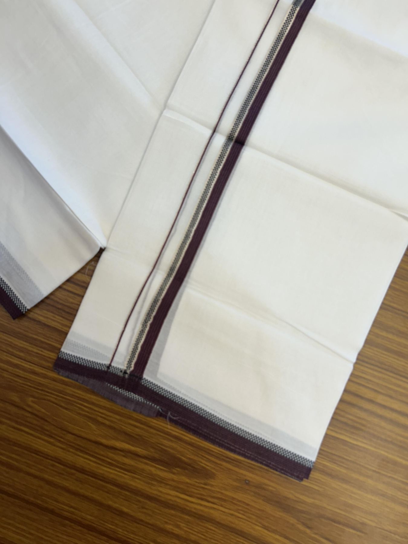 20% Discount!! Kaitharikada Balaramapuram 100% Pure Cotton Pure White Double Mundu/Dothi - 100x80 - 1.5 cm Silver Kasav Black & Dark Wine Purple Striped Kara - 3.90 m (8 muzham) - 45 KK5356 VAS