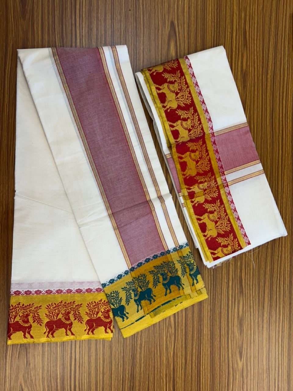 20% Discount! KaithariKada Mixed Cotton Off White - (Unbleached) 80x90 thread - North Indian - Gamcha 8x4 - 4 inch kara with Red & Green Gold Kasav Jacquard border - 9 KK5303 PMC