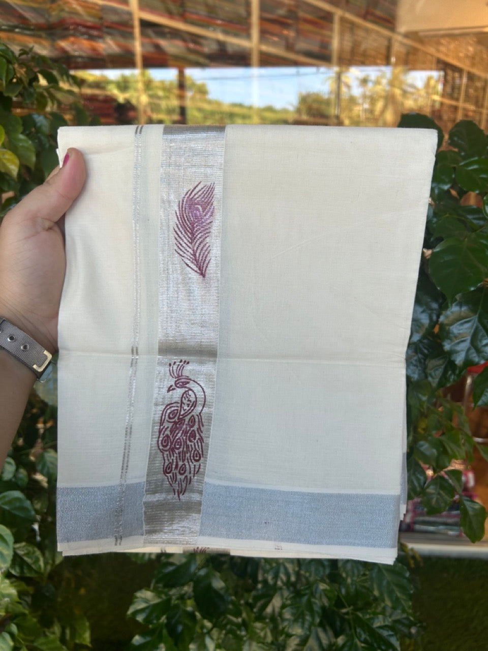 22% Discount!! KaithariKada Balaramapuram 100% Cotton Double Off White - (Ubleached) Mundu/Dhoti - 80x80 - 1.5 inch Silver Kasavu Purple Peacock & Peacock Feather Printed Design Kara - 4 mtr (8 muzham) - 10 KK5253 GAN