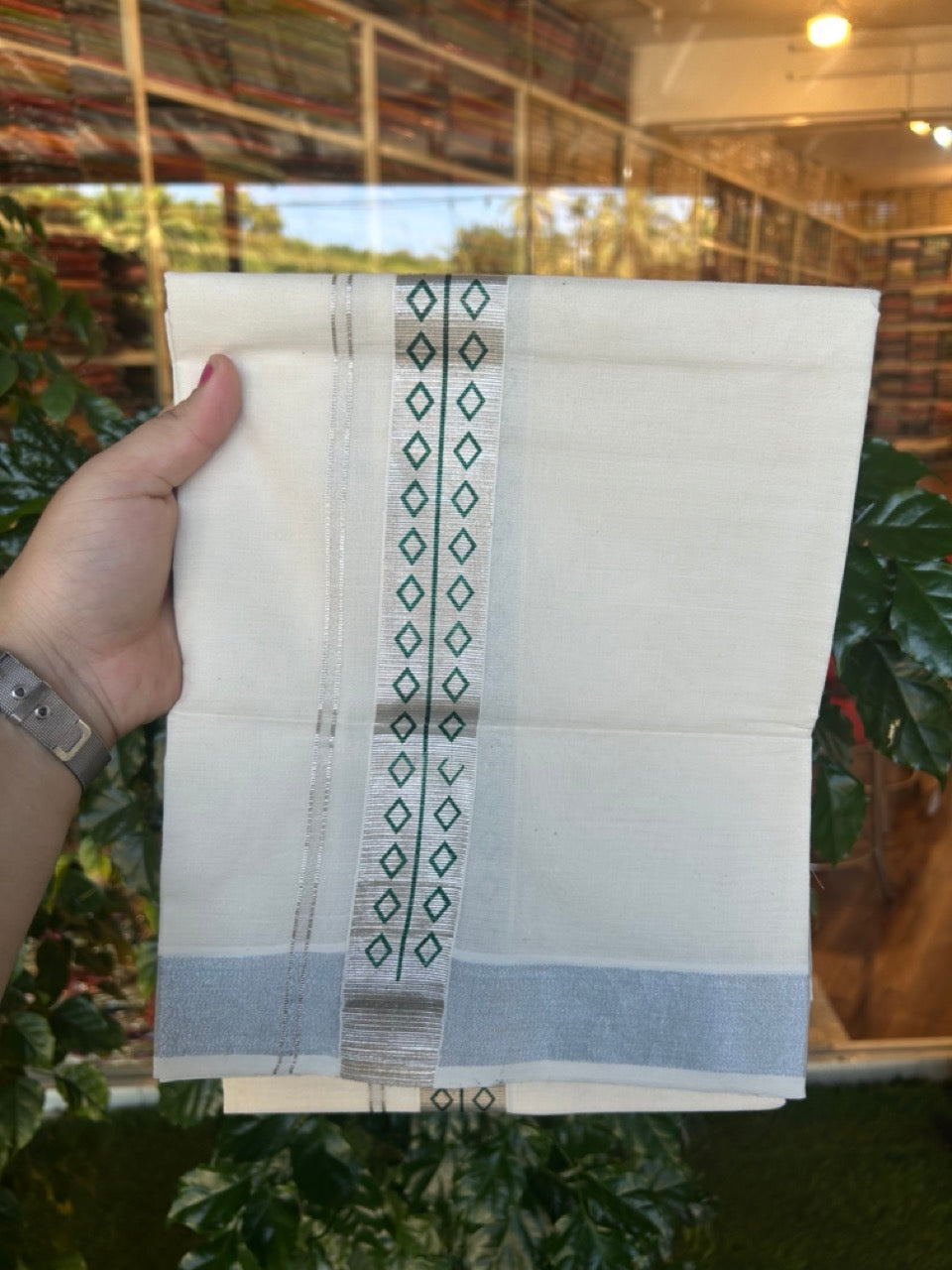 22% Discount!! KaithariKada Balaramapuram 100% Cotton Double Off White - (Ubleached) Mundu/Dhoti - 80x80 - 1.5 inch Silver Kasavu & Green Printed Design Kara - 4 mtr (8 muzham)- 6 KK5253 GAN