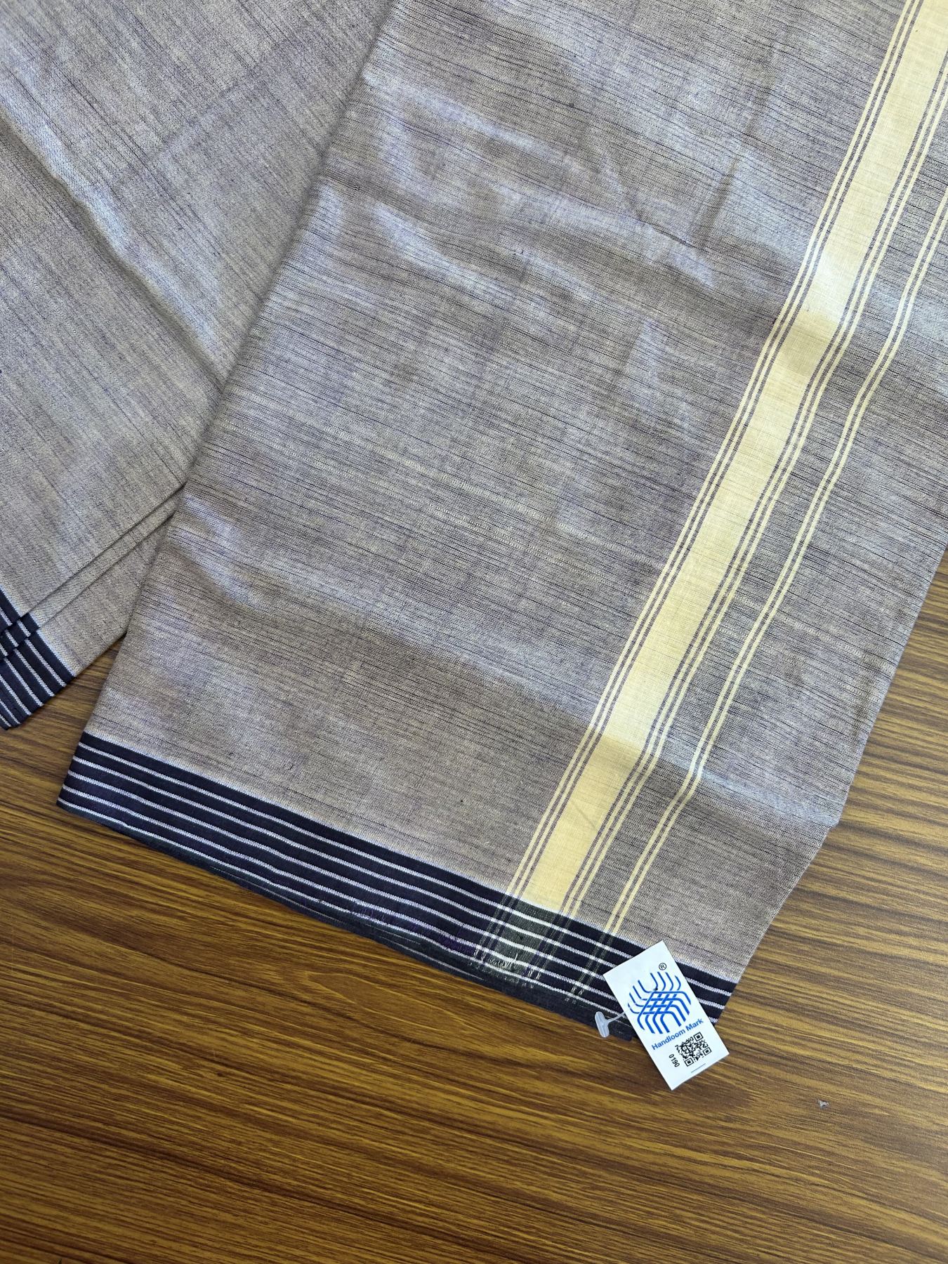 Kerala Handloom - Signature Kaitharikada - Government Sealed Hallmarked - 100% Pure Cotton 2/60x40s Thread - Single Mundu / Dhoti - 1 inch Lemon Cream Striped Kara with Purple Shaded colour Body - 21 KK8046 KAL