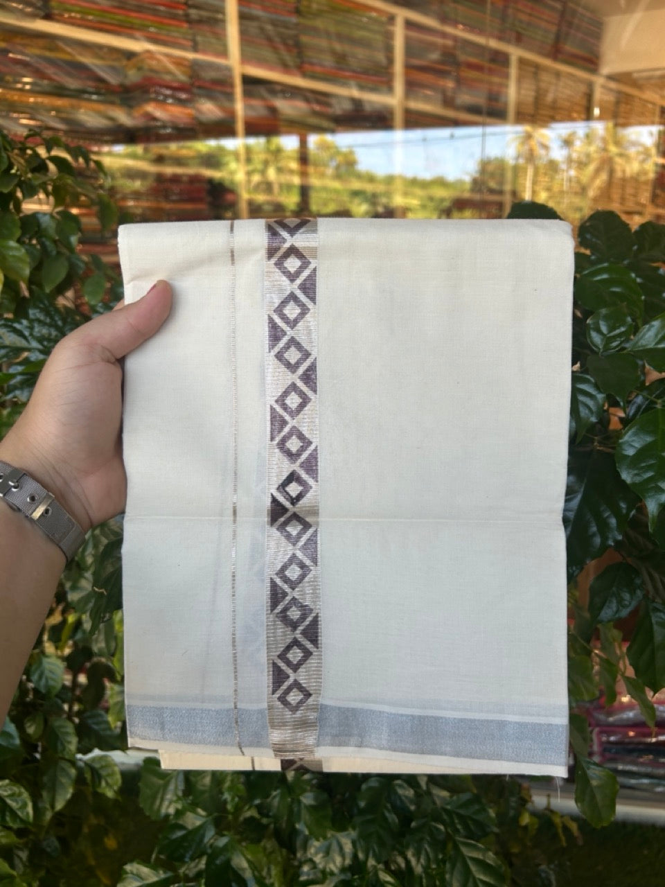 22% Discount!! KaithariKada Balaramapuram 100% Cotton Double Off White - (Ubleached) Mundu/Dhoti - 80x80 - 1 inch Silver Kasavu & Coffee Brown Printed Design Kara - 4 mtr (8 muzham)- 23 KK5253 GAN