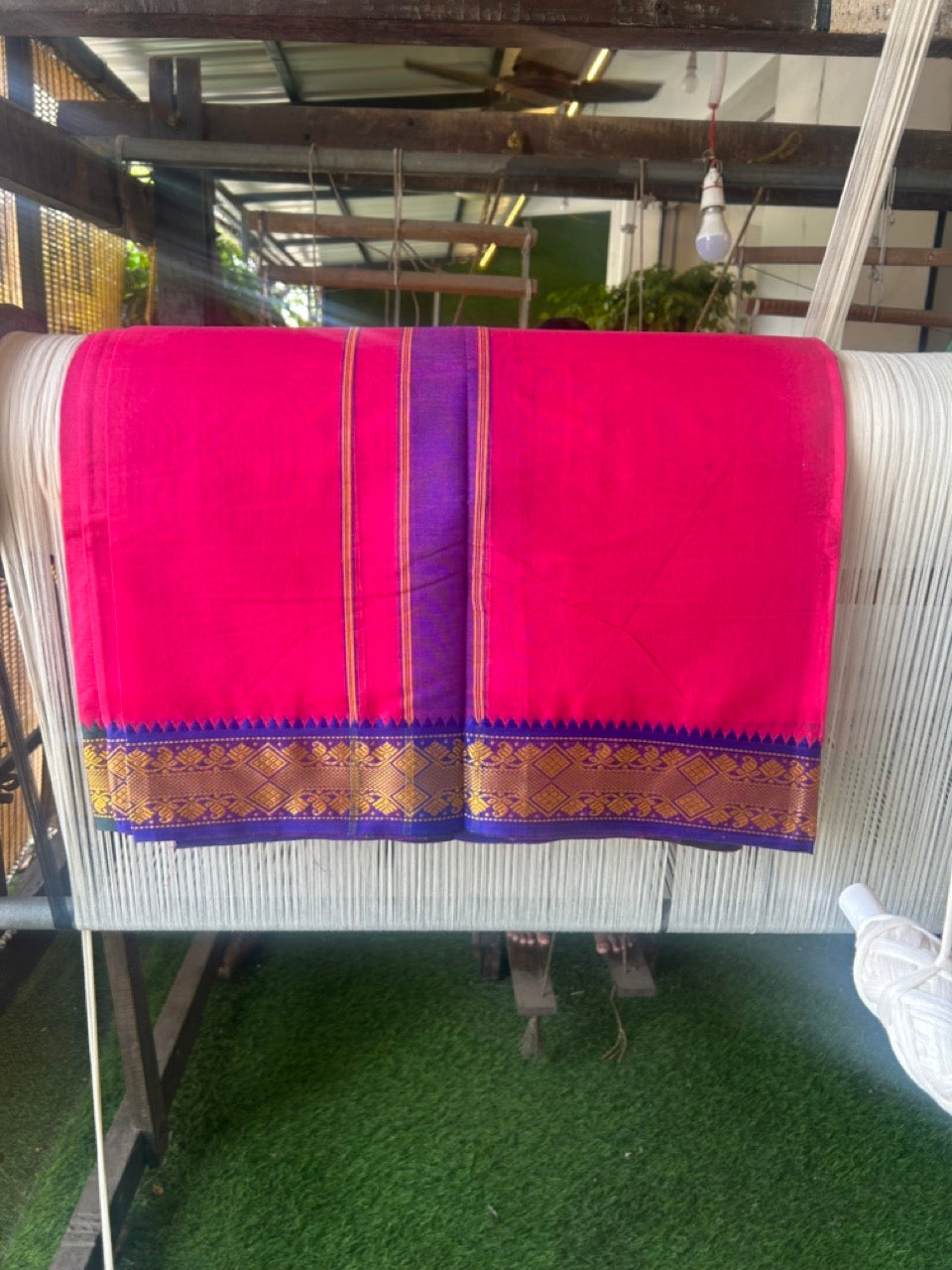 20% DISCOUNT! KaithariKada - Cotton Mix - 80x90 thread - 80 % Cotton & 20% Polyester- NORTH INDIAN - ATTACHED GAMCHA 9X5 Dhoti -3.5 inch Gold Kasavu Dark Green & Blue Design Border with Dark Magenta Colour body - 111KK5227 PMC