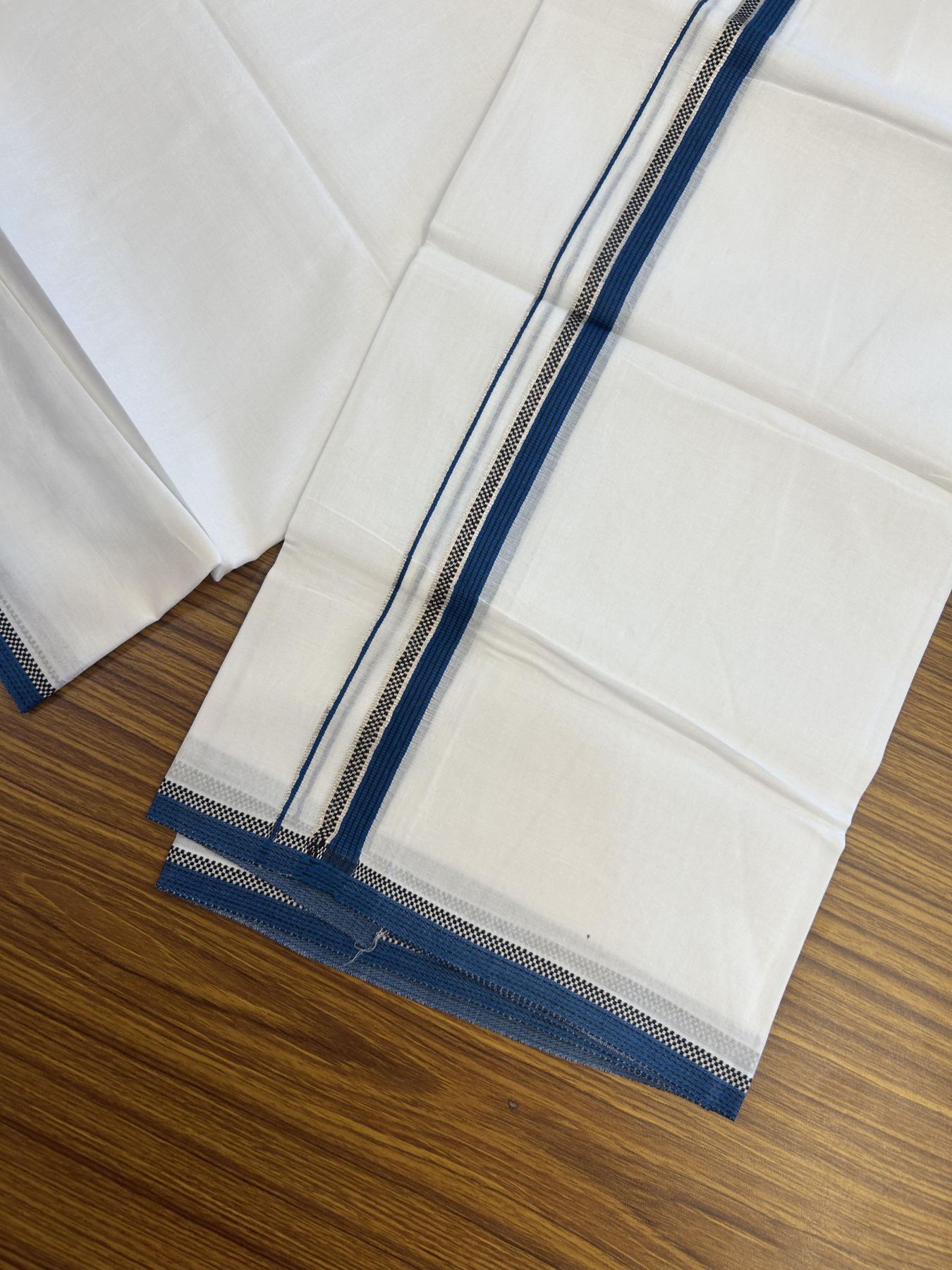 20% Discount!! Kaitharikada Balaramapuram 100% Pure Cotton Pure White Double Mundu/Dothi - 100x80 - 1.5 cm Silver Kasav Black & Blue Design Striped Kara - 3.90 m (8 muzham) - 48 KK5356 VAS