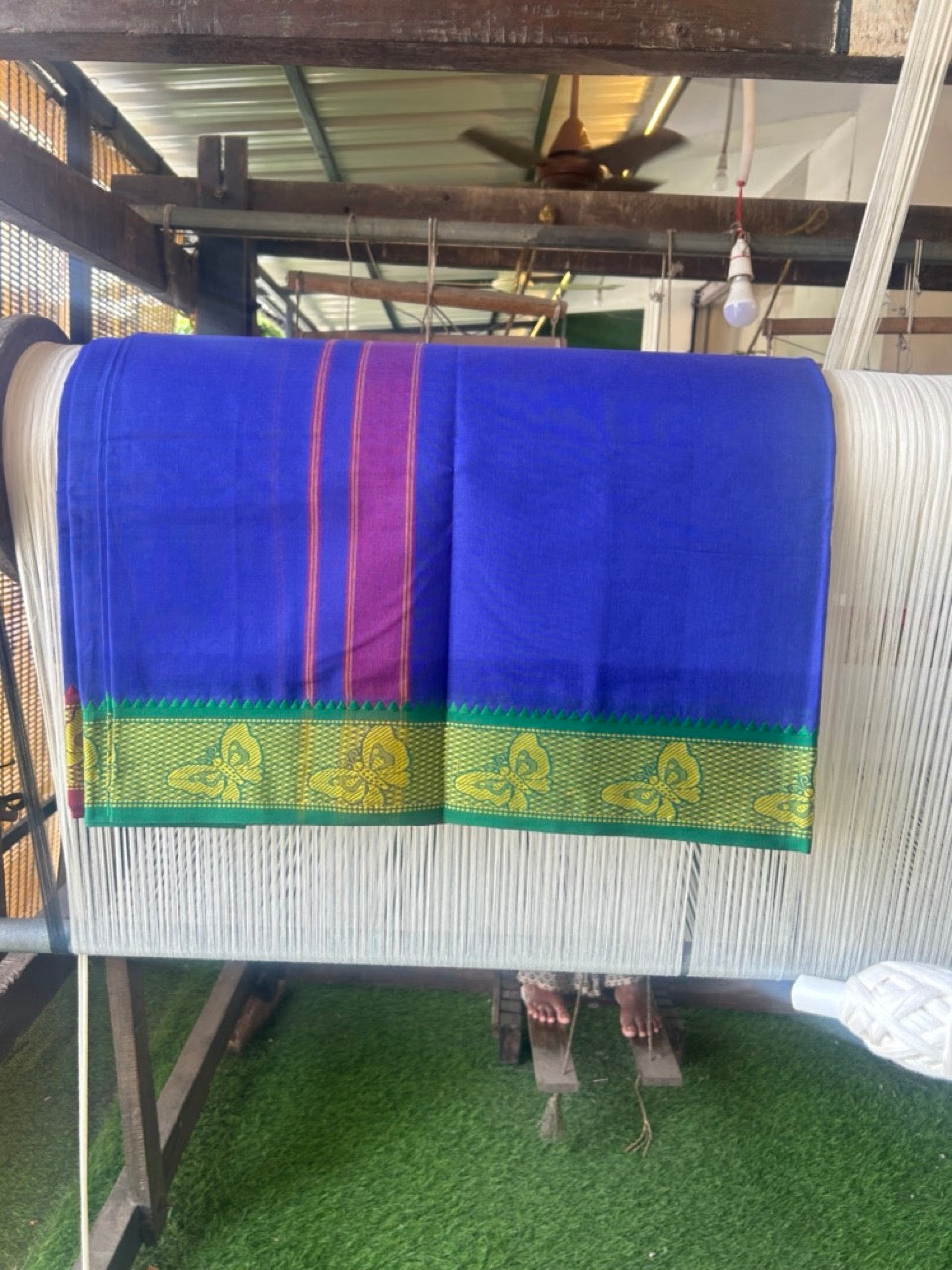 20% DISCOUNT! KaithariKada - Cotton Mix - 80x90 thread - 80 % Cotton & 20% Polyester- NORTH INDIAN - ATTACHED GAMCHA 9X5 Dhoti -3.5 inch Gold Kasavu Dark Green & Maroon Butterfly Design Border with Dark Blue Colour body - 112KK5227 PMC