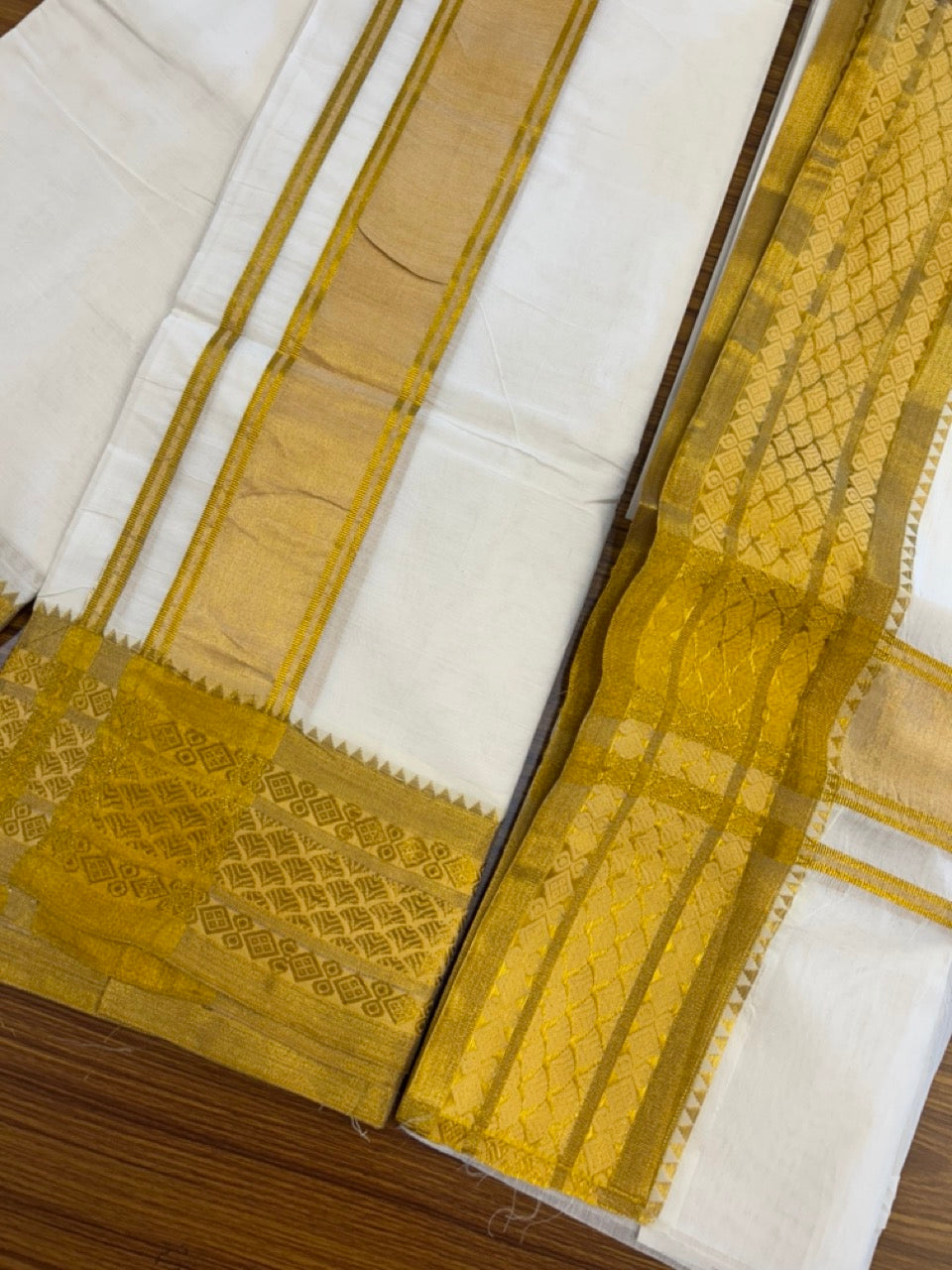 20% Discount! KaithariKada Mixed Cotton Off White - (Unbleached) 80x90 thread - North Indian - Gamcha 8x4 - 4 inch kara with Gold Kasav Jacquard border - 11 KK5303 PMC