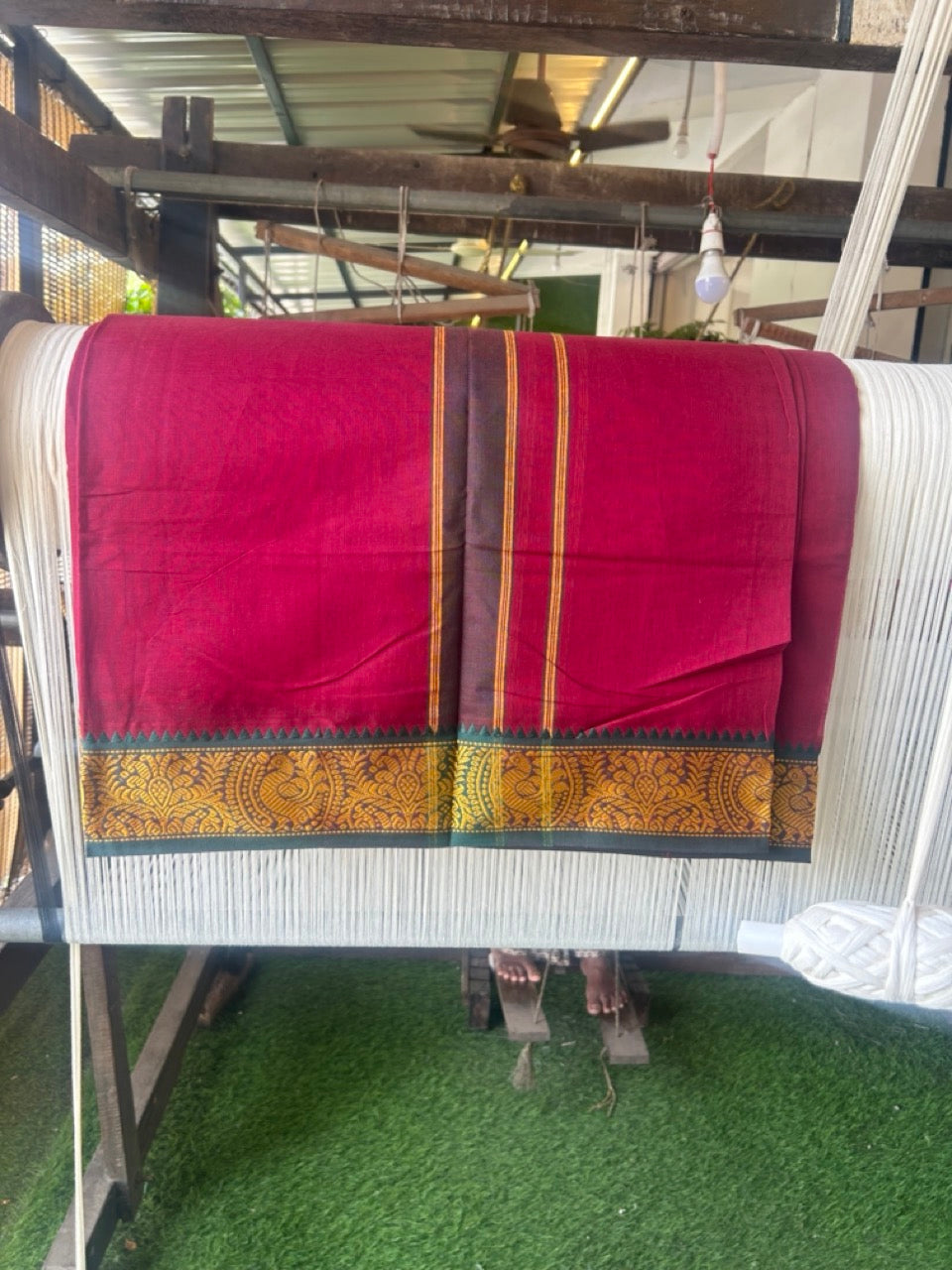 20% DISCOUNT! KaithariKada - Cotton Mix - 80x90 thread - 80 % Cotton & 20% Polyester- NORTH INDIAN - ATTACHED GAMCHA 9X5 Dhoti -3.5 inch Gold Kasavu Dark Green & Blue Design Border with Dark Maroon Colour body - 114KK5227 PMC