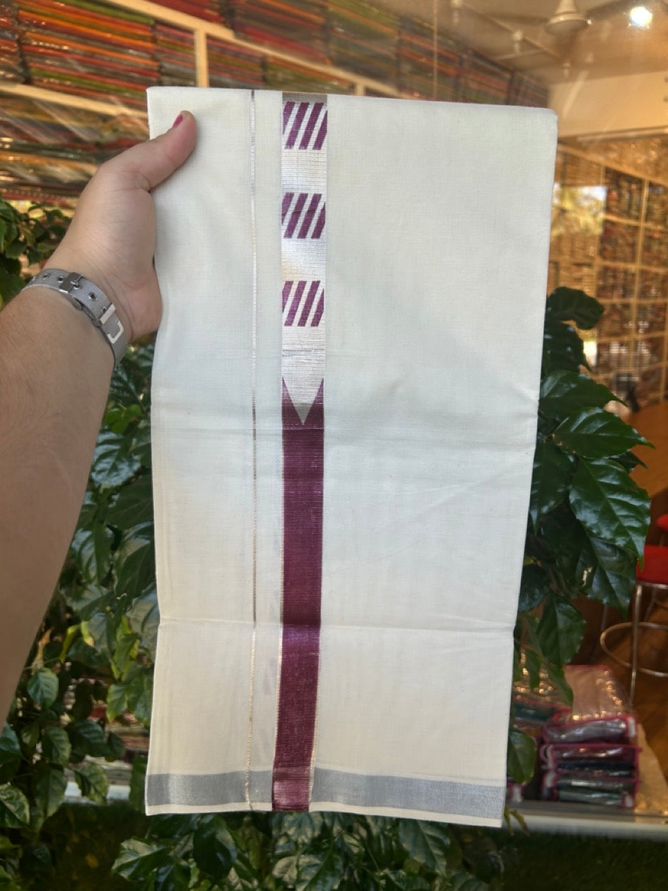 22% Discount!! KaithariKada Balaramapuram 100% Cotton Double Off White - (Ubleached) Mundu/Dhoti - 80x80 - 1 inch Silver Kasavu & Wine Purple One side chutty Printed Design Kara - 4 mtr (8 muzham) - 11 KK5253 GAN