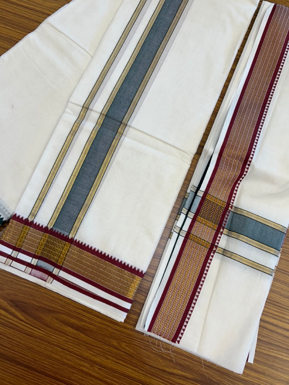 20% Discount! KaithariKada Mixed Cotton Off White - (Unbleached) 80x90 thread - North Indian - Gamcha 8x4 - 2 inch kara with Green & Maroon Gold Kasav Jacquard border - 17 KK5303 PMC