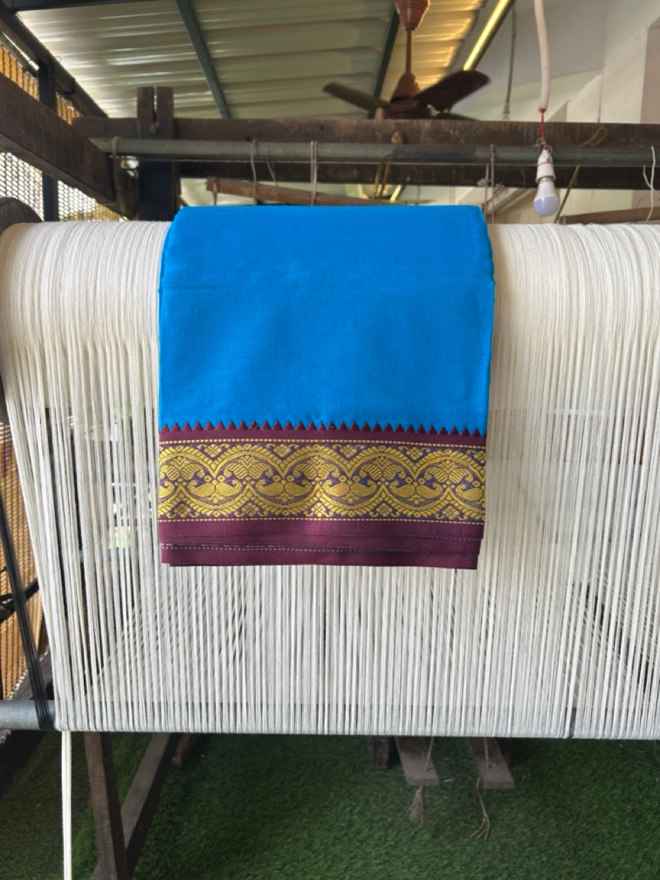20% Discount! KaithariKada - Cotton Mix - 80x90 thread - 80 % Cotton & 20% Polyester- NORTH INDIAN - ATTACHED GAMCHA 9X5 Dhoti -3.5 inch Gold Kasavu Dark Green & Maroon Design Border with Blue Colour body - 113KK5227 PMC