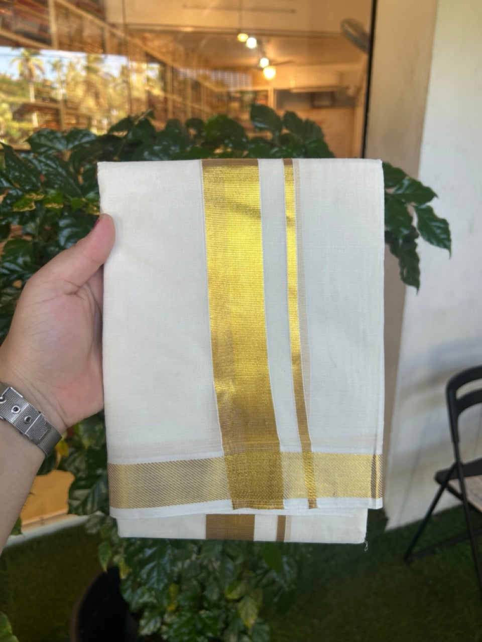 20% Discount ! Kaitharikada Balaramapuram 100% Cotton Off White Double Mundu/Dothi - 100x100- 1.5 Inch Gold Kasav Kara - 17 KK5253 GAN