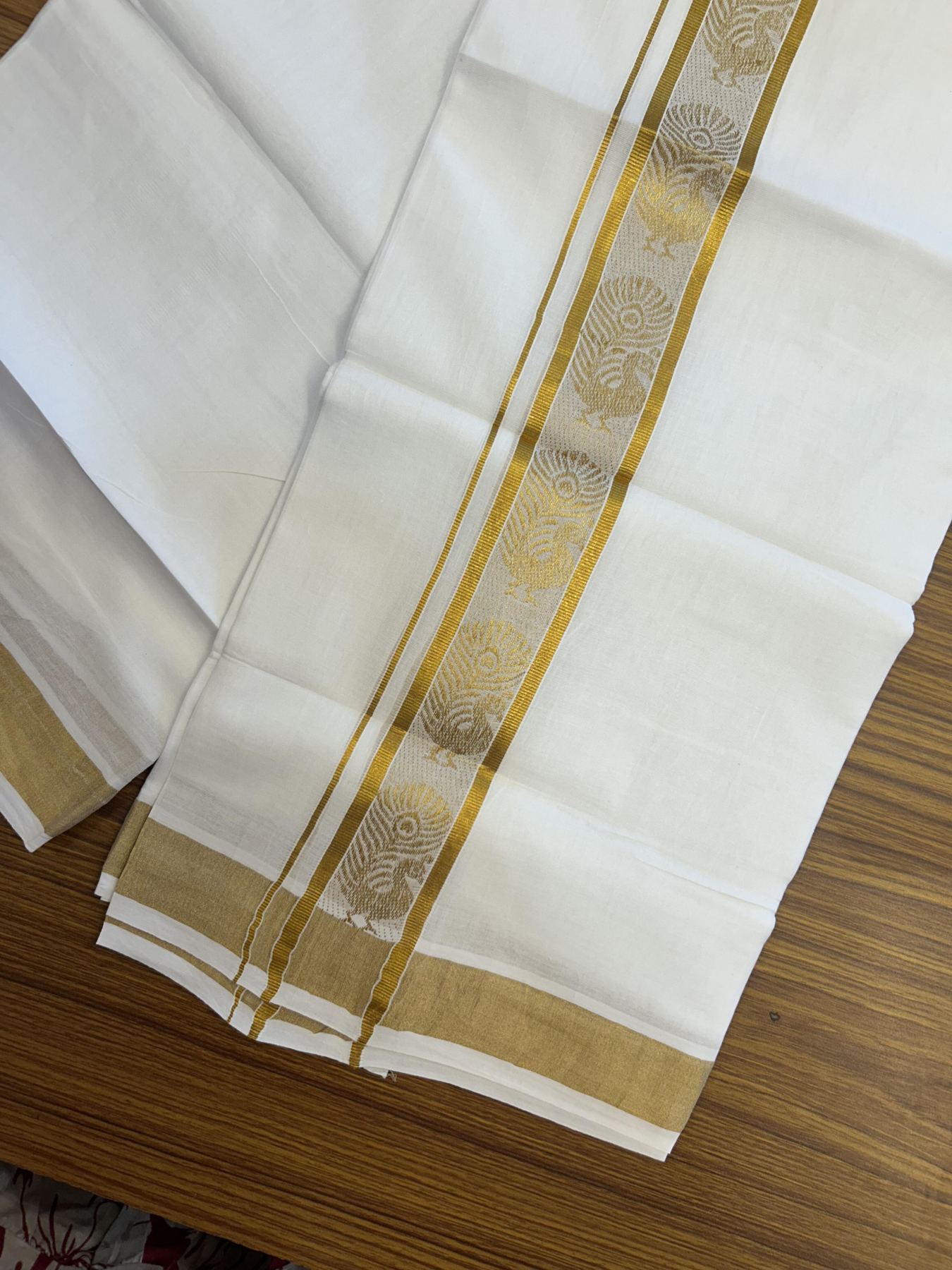 20% Discount!! Kaitharikada Balaramapuram 100% Pure Cotton Pure White Double Mundu/Dothi - 100x80 - 1.75 inch Gold Kasav Peacock Jacquard Design Kara - 3.90 m (8 muzham) - 50 KK5356 VAS