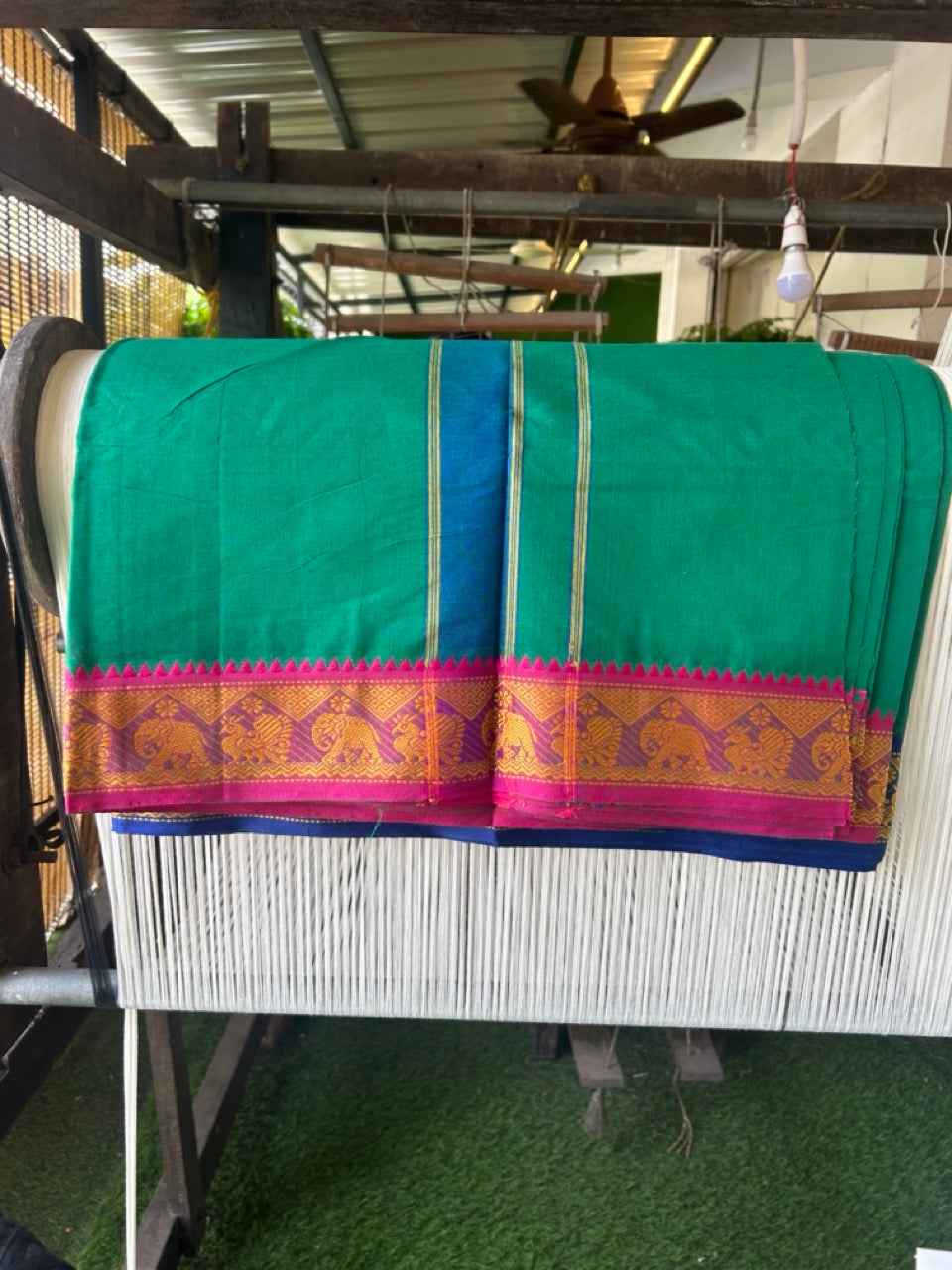 20% DISCOUNT! KaithariKada - Cotton Mix - 80x90 thread - 80 % Cotton & 20% Polyester- NORTH INDIAN - ATTACHED GAMCHA 9X5 Dhoti - 2.75 inch Blue & Yellow Kara with Kavi Colour body - Gold Kasavu Green & Blue Design Border - 110KK5227 PMC