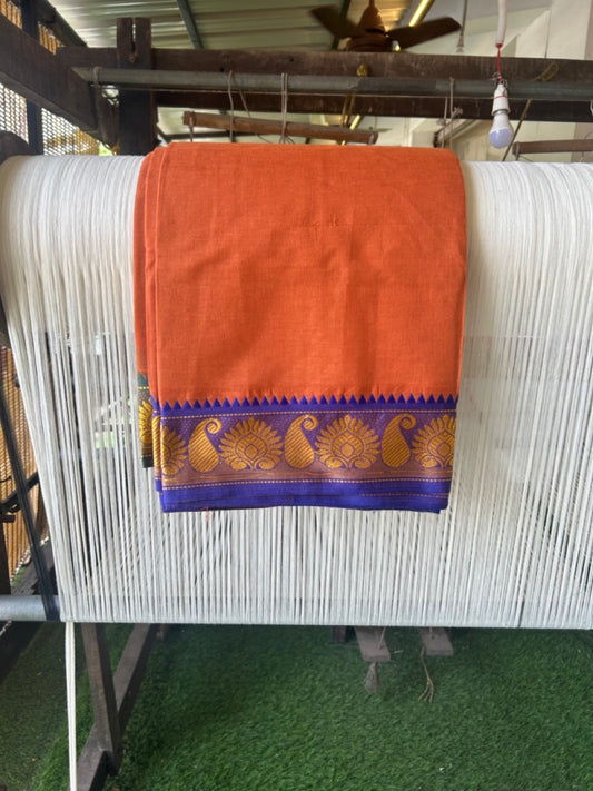 20% Discount! KaithariKada - Cotton Mix - 80x90 thread - 80 % Cotton & 20% Polyester- NORTH INDIAN - ATTACHED GAMCHA 9X5 Dhoti - 2.75 inch Blue & Yellow Kara with Kavi Colour body - Gold Kasavu Green & Blue Design Border - 110KK5227 PMC