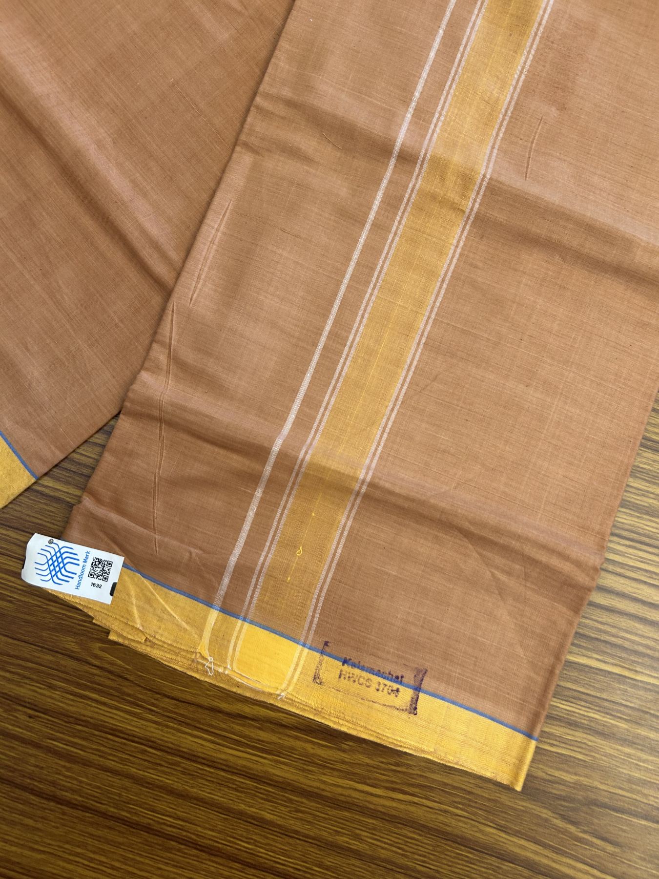 Kerala Handloom - Signature Kaitharikada - Government Sealed Hallmarked - 100% Pure Cotton 2/60x40s Thread - Single Mundu / Dhoti - 1.5 inch Yellow Shaded Striped Kara with Kavi colour Body - 26 KK8046 KAL