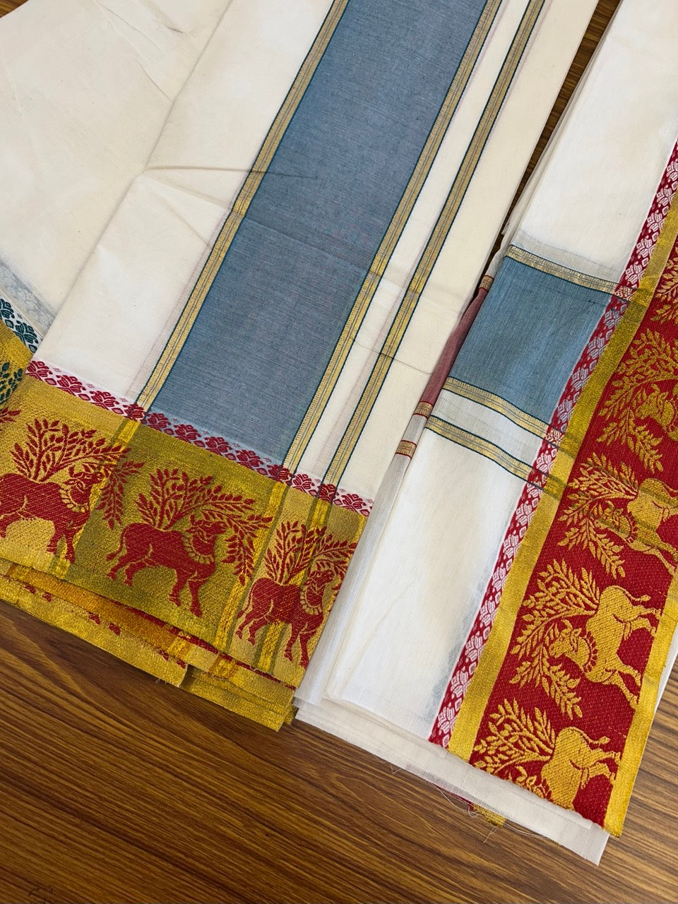 20% Discount! KaithariKada Mixed Cotton Off White - (Unbleached) 80x90 thread - North Indian - Gamcha 8x4 - 4 inch kara with Red & Green Gold Kasav Jacquard border -12 KK5303 PMC