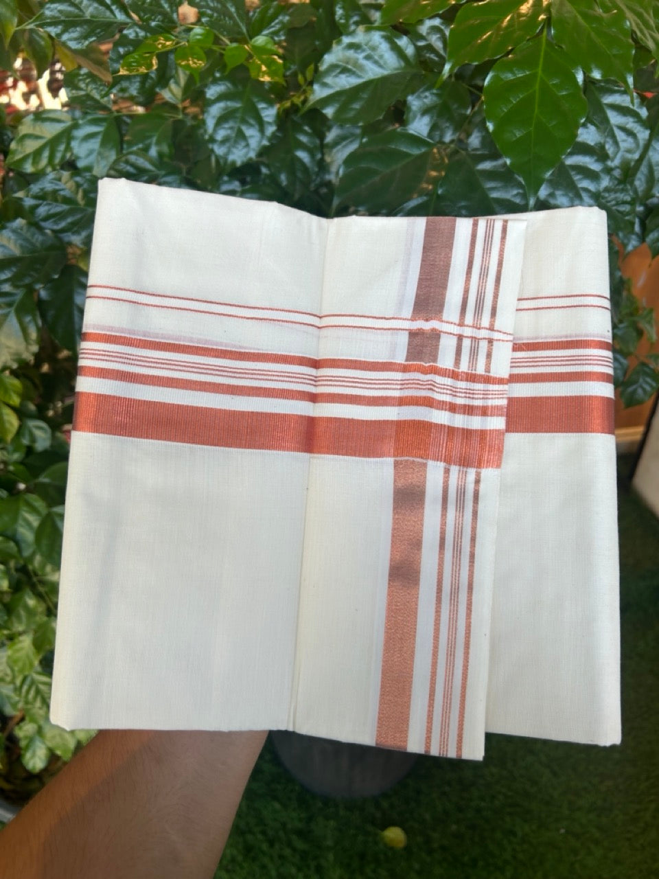 20% Discount! KaithariKada Balaramapuram 100% Cotton Double Off White - (Unbleached) Mundu/Dhoti - 80x80 - 1.75 inch Copper kasav striped Kara 4 mtrs - 2 KK5253 GAN