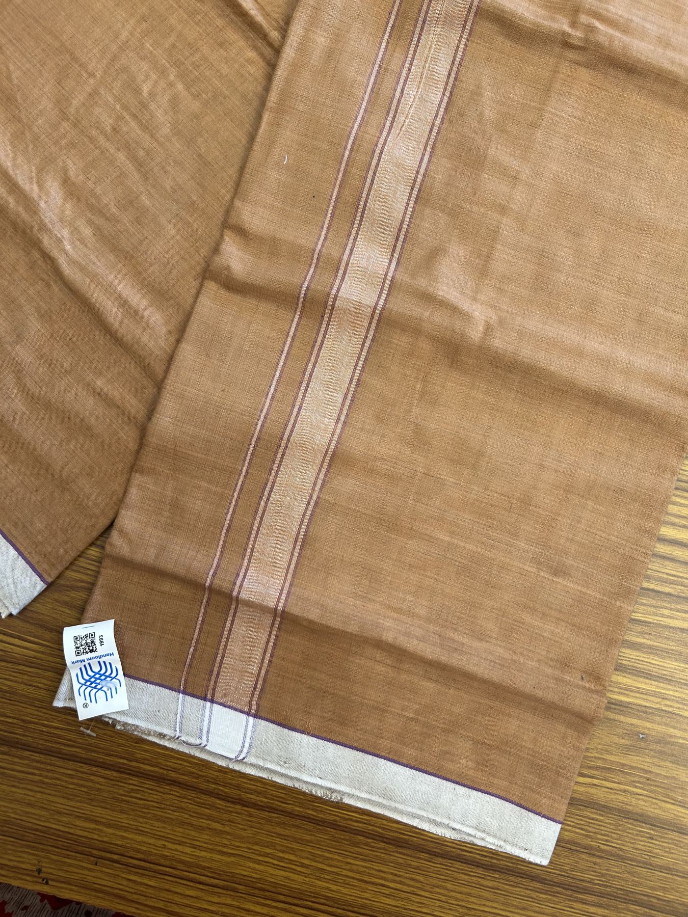 Kerala Handloom - Signature Kaitharikada - Government Sealed Hallmarked - 100% Pure Cotton 2/60x40s Thread - Single Mundu / Dhoti - 1.25 inch White Violet Shaded Striped Kara with Kavi colour Body - 27 KK8046 KAL