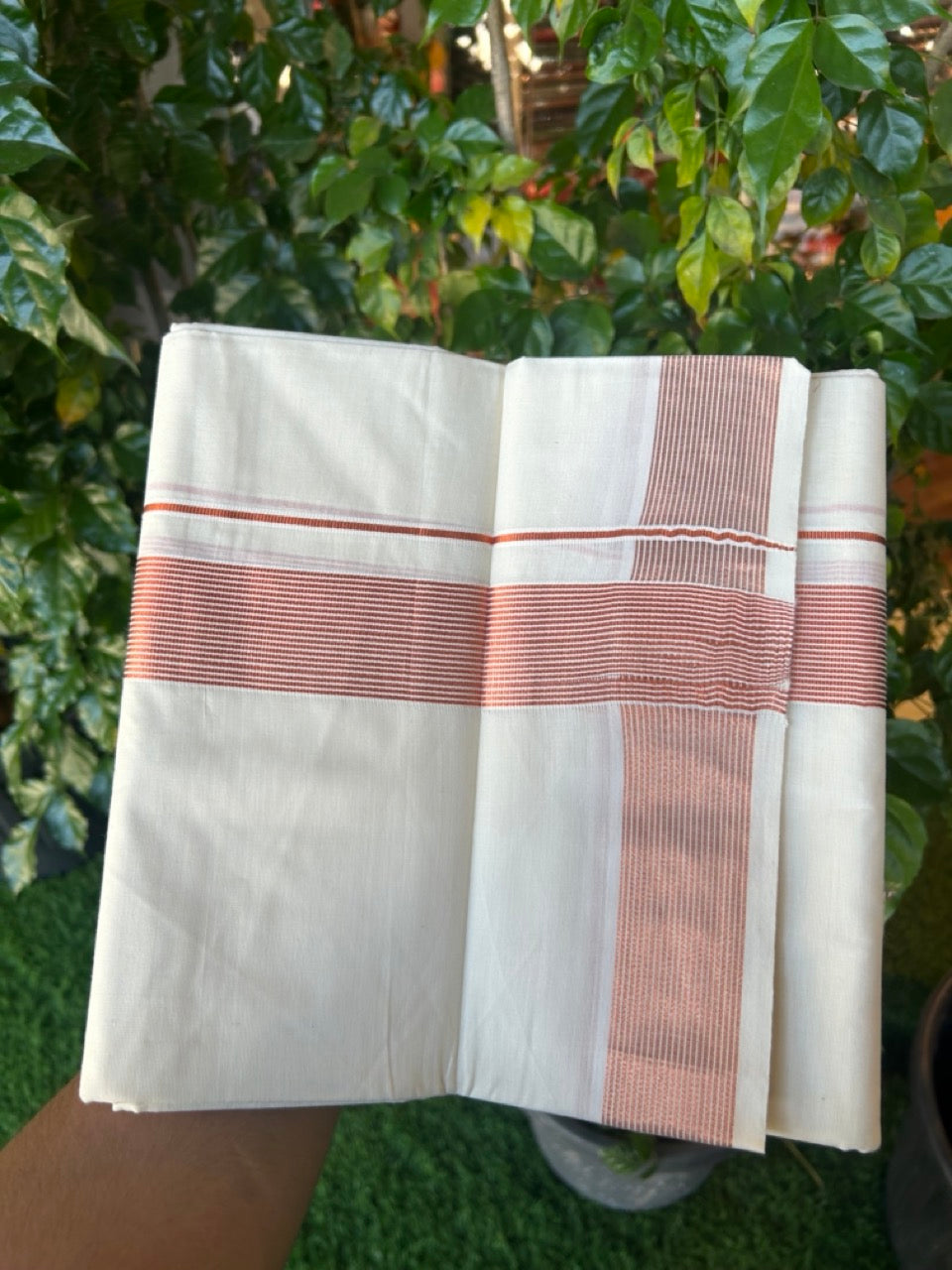 20% Discount! KaithariKada Balaramapuram 100% Cotton Double Off White - (Unbleached) Mundu/Dhoti - 80x80 - 1.75 inch Copper kasav striped Kara 4 mtrs - 3 KK5253 GAN
