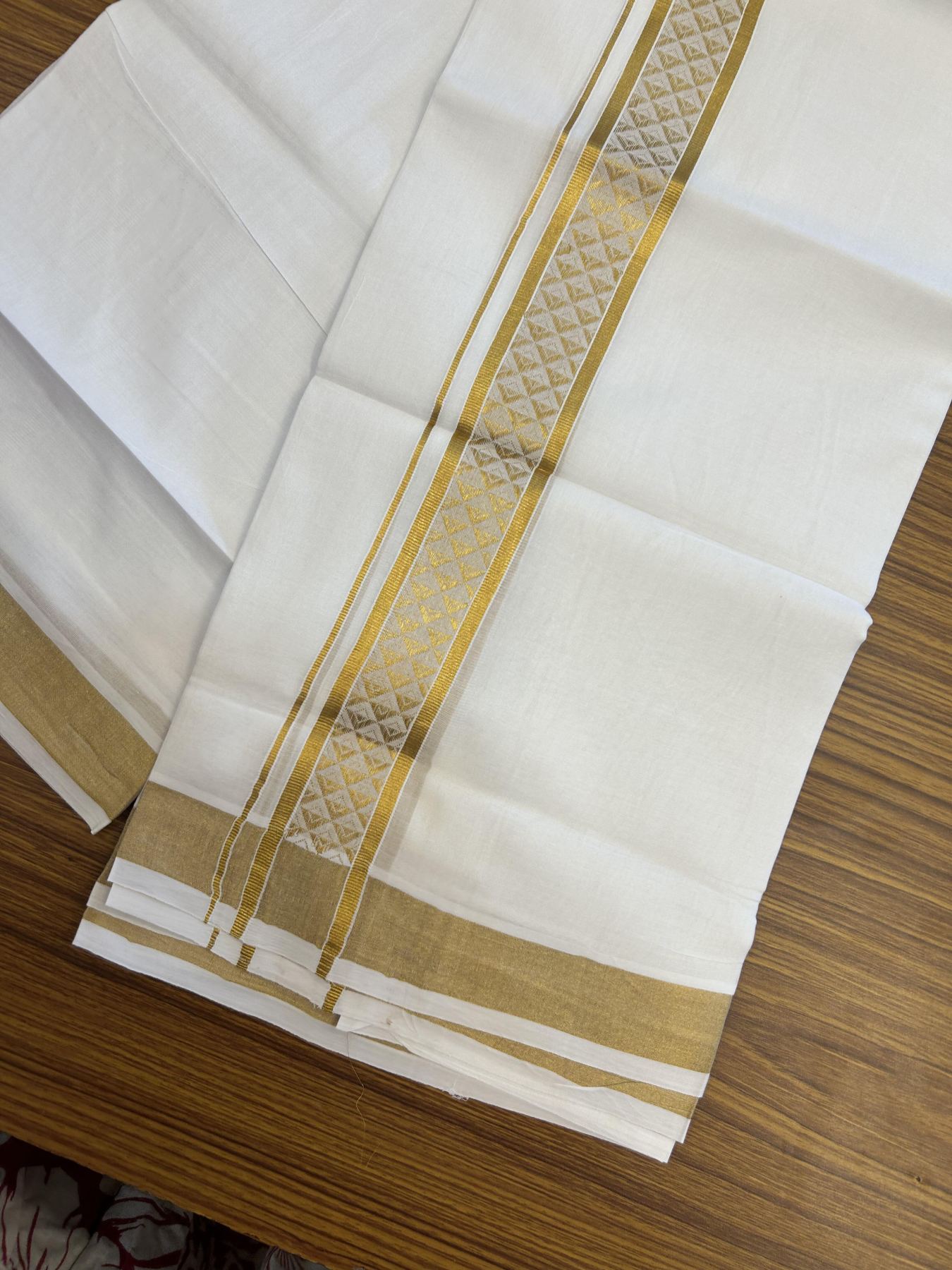 20% Discount!! Kaitharikada Balaramapuram 100% Pure Cotton Pure White Double Mundu/Dothi - 100x80 - 1.75 inch Gold Kasav Jacquard Design Kara - 3.90 m (8 muzham) - 53 KK5356 VAS