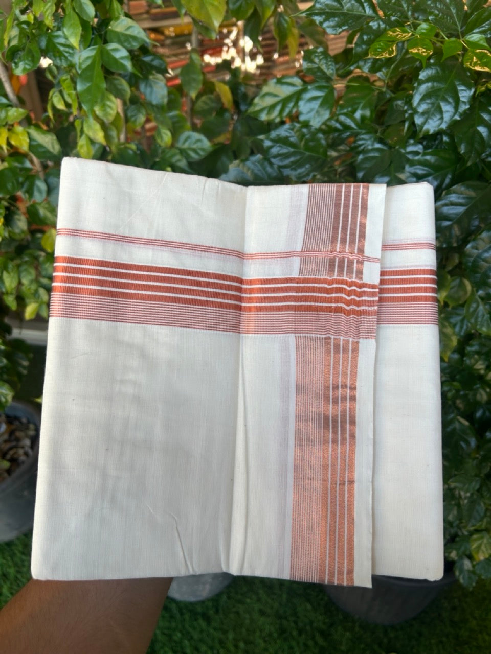 20% Discount! KaithariKada Balaramapuram 100% Cotton Double Off White - (Unbleached) Mundu/Dhoti - 80x80 - 1.5 inch Copper kasav striped Kara 4 mtrs - 1 KK5253 GAN