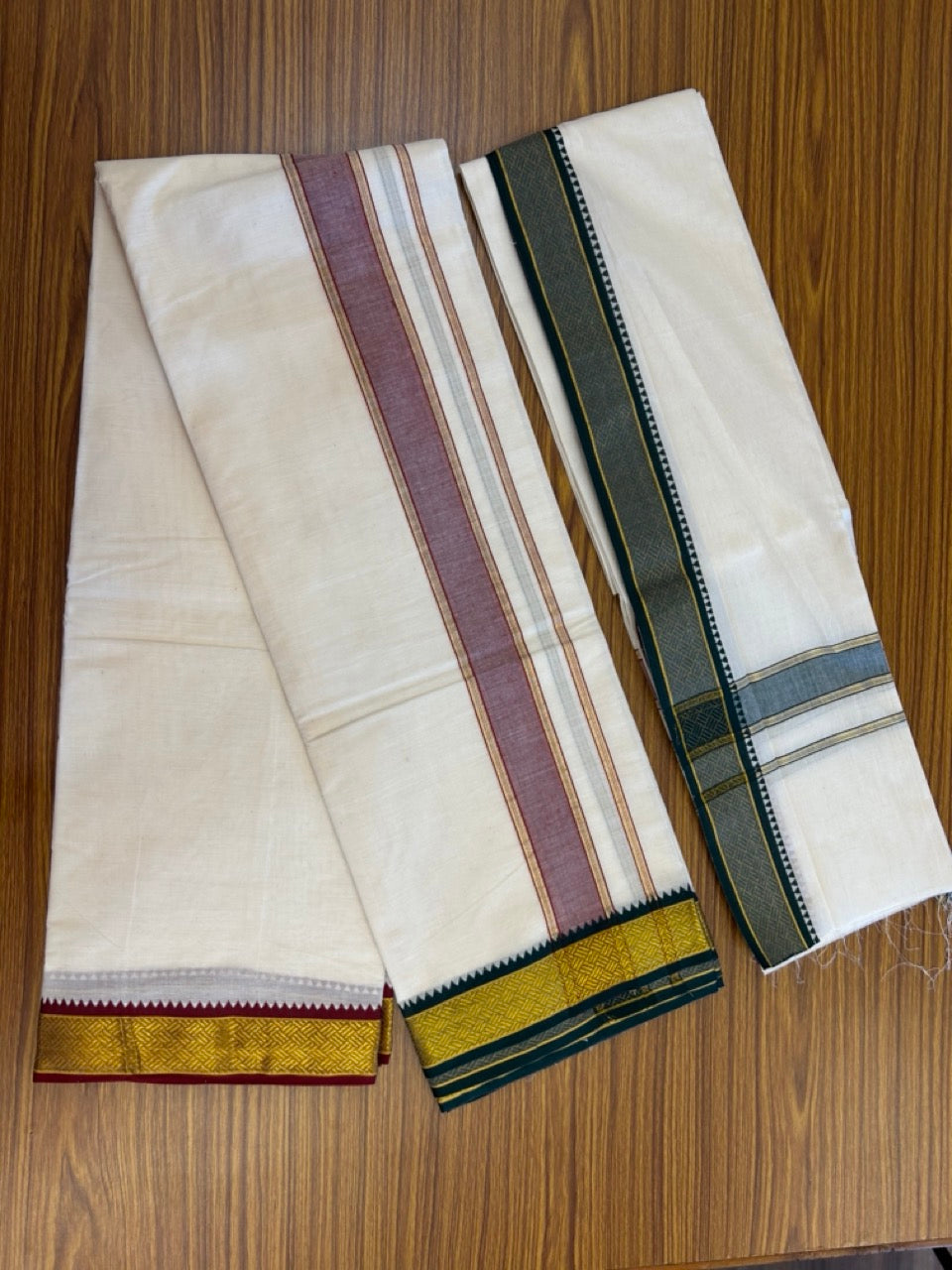 20% Discount! KaithariKada Mixed Cotton Off White - (Unbleached) 80x90 thread - North Indian - Gamcha 8x4 - 2 inch kara with Maroon & Green Gold Kasav Jacquard border - 24 KK5303 PMC