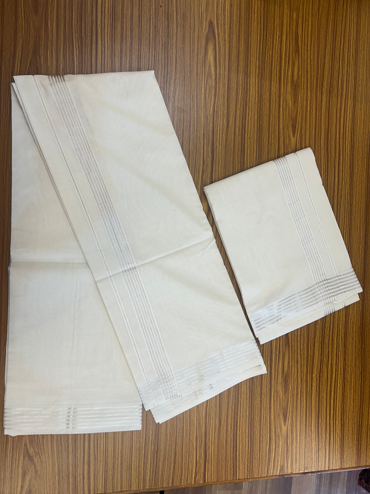 20% Discount!! KaithariKada Balaramapuram - 100% PURE Cotton OFF WHITE (Unbleached) Mundu/Dhoti & Neriyath set - 1.5 Inch Silver Kasavu Stripes Kara - 115KK5227 PMC