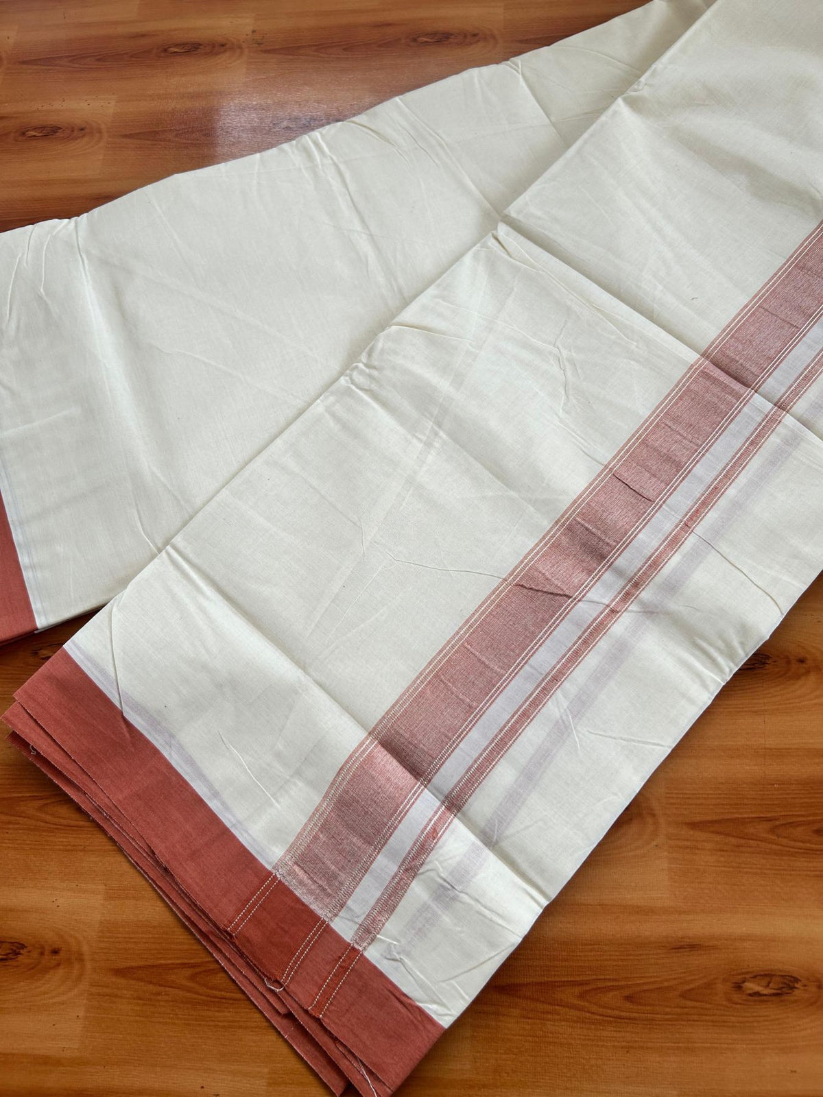 Double Off White (Unbleached) Mundu/Dhoti - 20% Discount! Kaitharikada Pure Cotton - 80x80 - 1.25 Inch Rust brown & Silver shaded Kara 4 mtr (8.5 muzham) - 9 KK5497 MRH