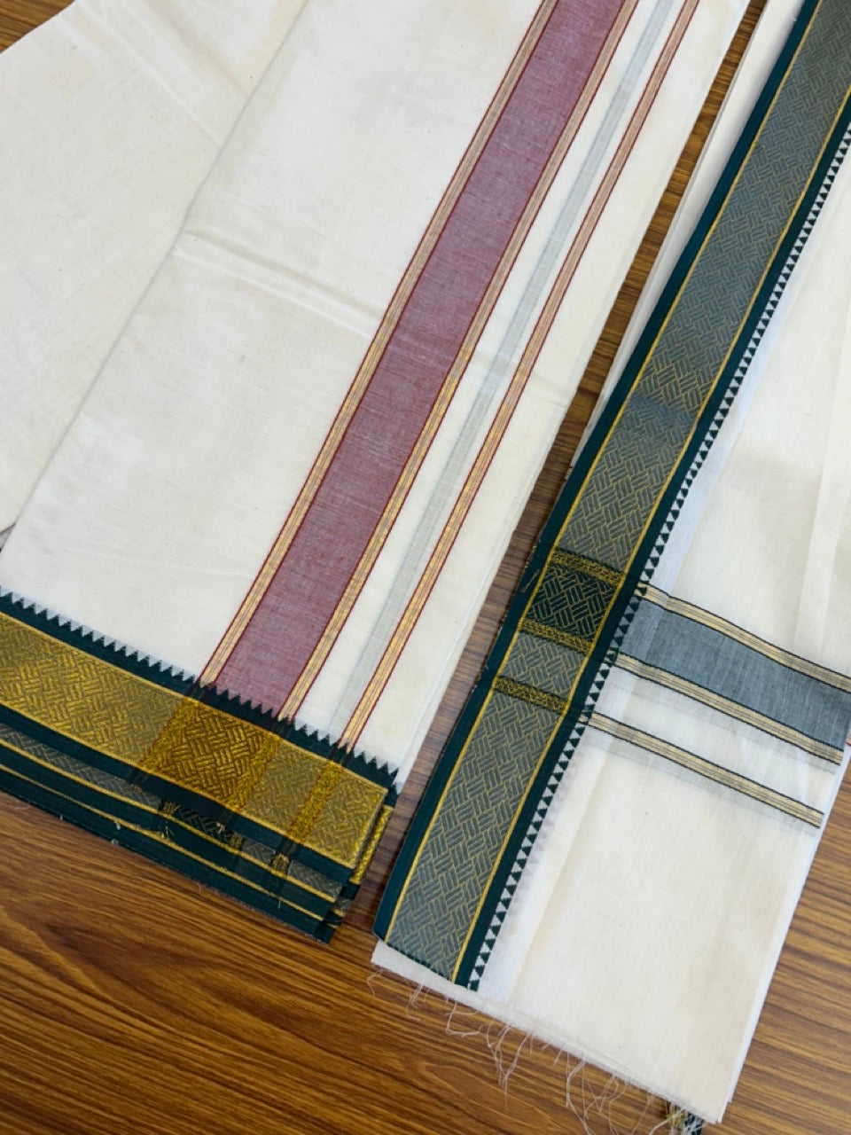20% Discount! KaithariKada Mixed Cotton Off White - (Unbleached) 80x90 thread - North Indian - Gamcha 8x4 - 2 inch kara with Maroon & Green Gold Kasav Jacquard border - 24 KK5303 PMC