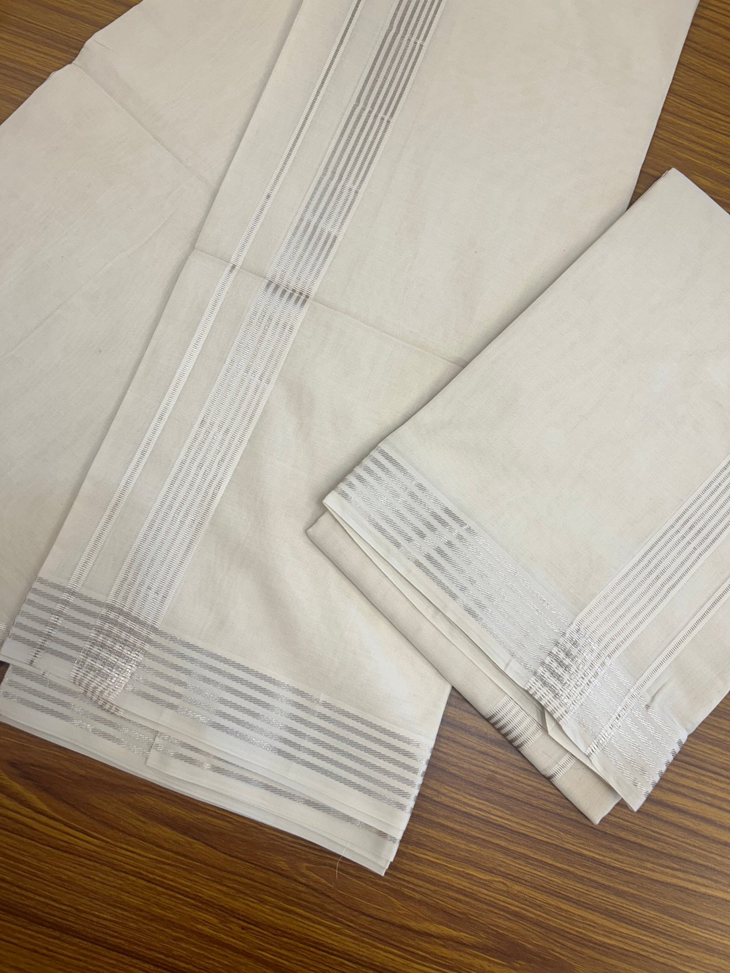 20% Discount!! KaithariKada Balaramapuram - 100% PURE Cotton OFF WHITE (Unbleached) Mundu/Dhoti & Neriyath set - 1.5 Inch Silver Kasavu Stripes Kara - 115KK5227 PMC