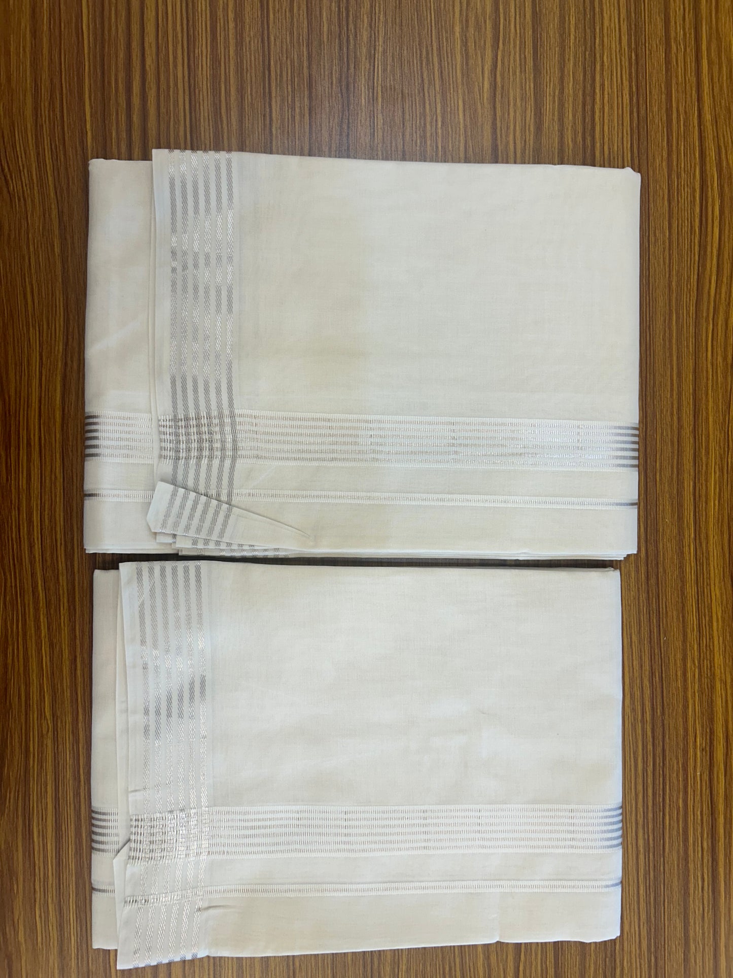 20% Discount!! KaithariKada Balaramapuram - 100% PURE Cotton OFF WHITE (Unbleached) Mundu/Dhoti & Neriyath set - 1.5 Inch Silver Kasavu Stripes Kara - 115KK5227 PMC