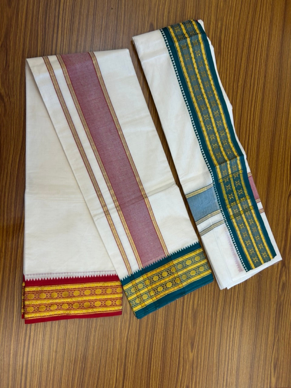20% Discount! KaithariKada Mixed Cotton Off White - (Unbleached) 80x90 thread - North Indian - Gamcha 8x4 - 3.25 inch kara with Green & Red Gold Kasav Jacquard border - 18 KK5303 PMC