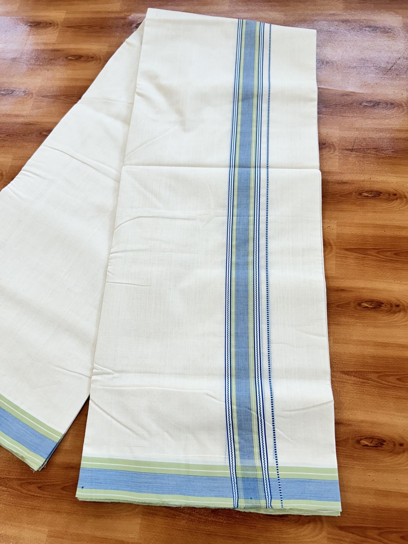 Double Off White (Unbleached) Mundu/Dhoti - 25% Discount!! KaithariKada Handloom Unakkupaav - Kerala Handloom - 100% Pure Cotton - 100x80 - 1.5 inch Blue & Light Green Striped Kara 4 meter (8.5 muzham) - 14 KK5436 REA