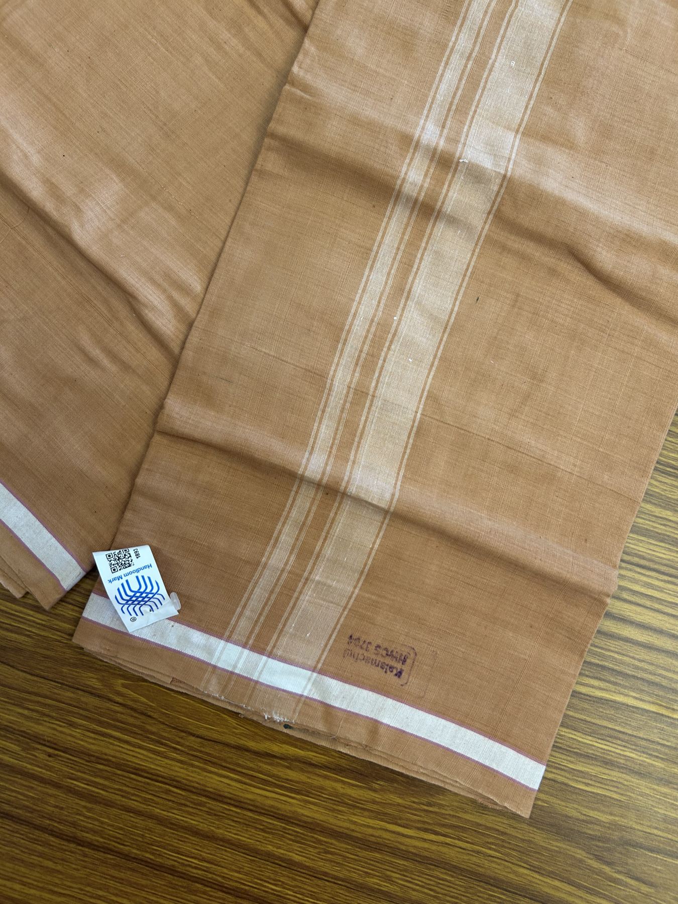 Kerala Handloom - Signature Kaitharikada - Government Sealed Hallmarked - 100% Pure Cotton 2/60x40s Thread - Single Mundu / Dhoti - 1 inch White Shaded Striped Kara with Kavi colour Body - 30 KK8046 KAL