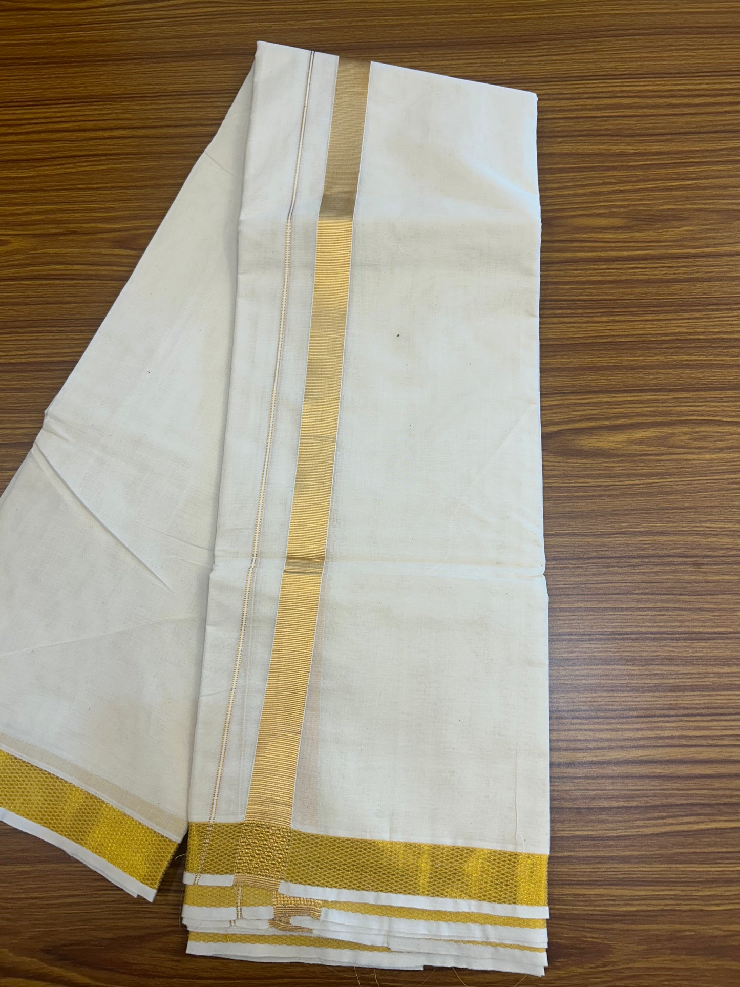 20% DISCOUNT! Kaitharikada Balaramapuram 100% PURE COTTON - OFF White (Unbleached) - (100x80)s - NORTH INDIAN ATTACHED GAMCHA 9X5 Dhoti - Gold Kasavu 1.25 inch Kara - 101KK5227 PMC
