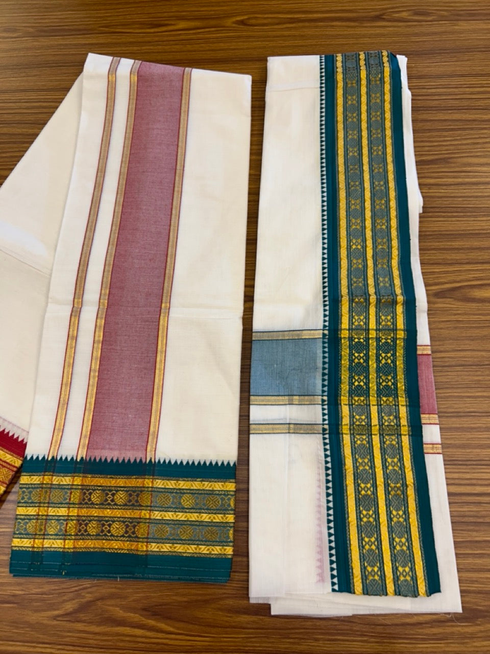 20% Discount! KaithariKada Mixed Cotton Off White - (Unbleached) 80x90 thread - North Indian - Gamcha 8x4 - 3.25 inch kara with Green & Red Gold Kasav Jacquard border - 18 KK5303 PMC