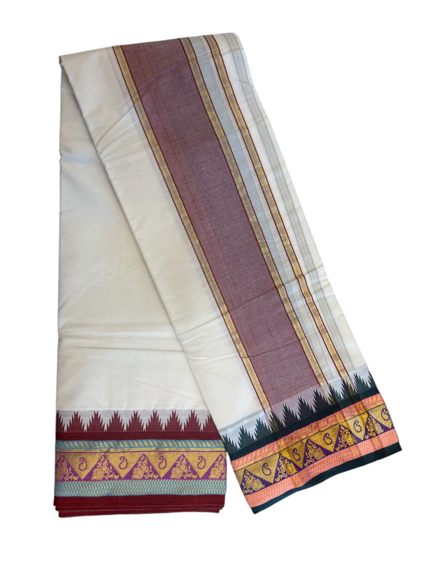20% DISCOUNT! KaithariKada OFF WHITE - (Unbleached) -Cotton Mix - 80x90 - 80 % Cotton & 20% Polyester- NORTH INDIAN - ATTACHED GAMCHA - 9X5 Dhoti 4.75 inch Maroon kara with Dark Green , Peach ,Violet & Sky Blue Gold Kasavu Design border - 102KK227 PMC