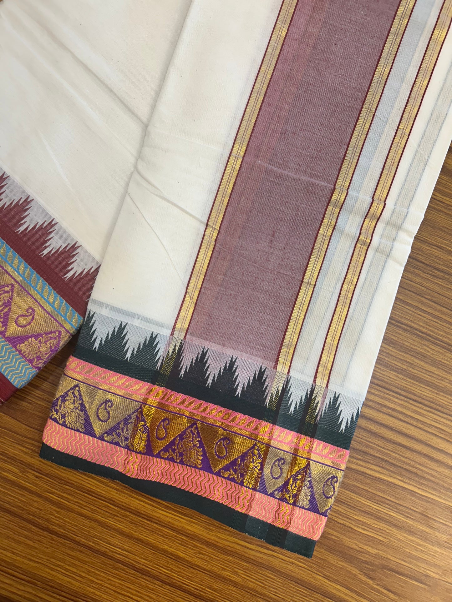 20% DISCOUNT! KaithariKada OFF WHITE - (Unbleached) -Cotton Mix - 80x90 - 80 % Cotton & 20% Polyester- NORTH INDIAN - ATTACHED GAMCHA - 9X5 Dhoti 4.75 inch Maroon kara with Dark Green , Peach ,Violet & Sky Blue Gold Kasavu Design border - 102KK227 PMC