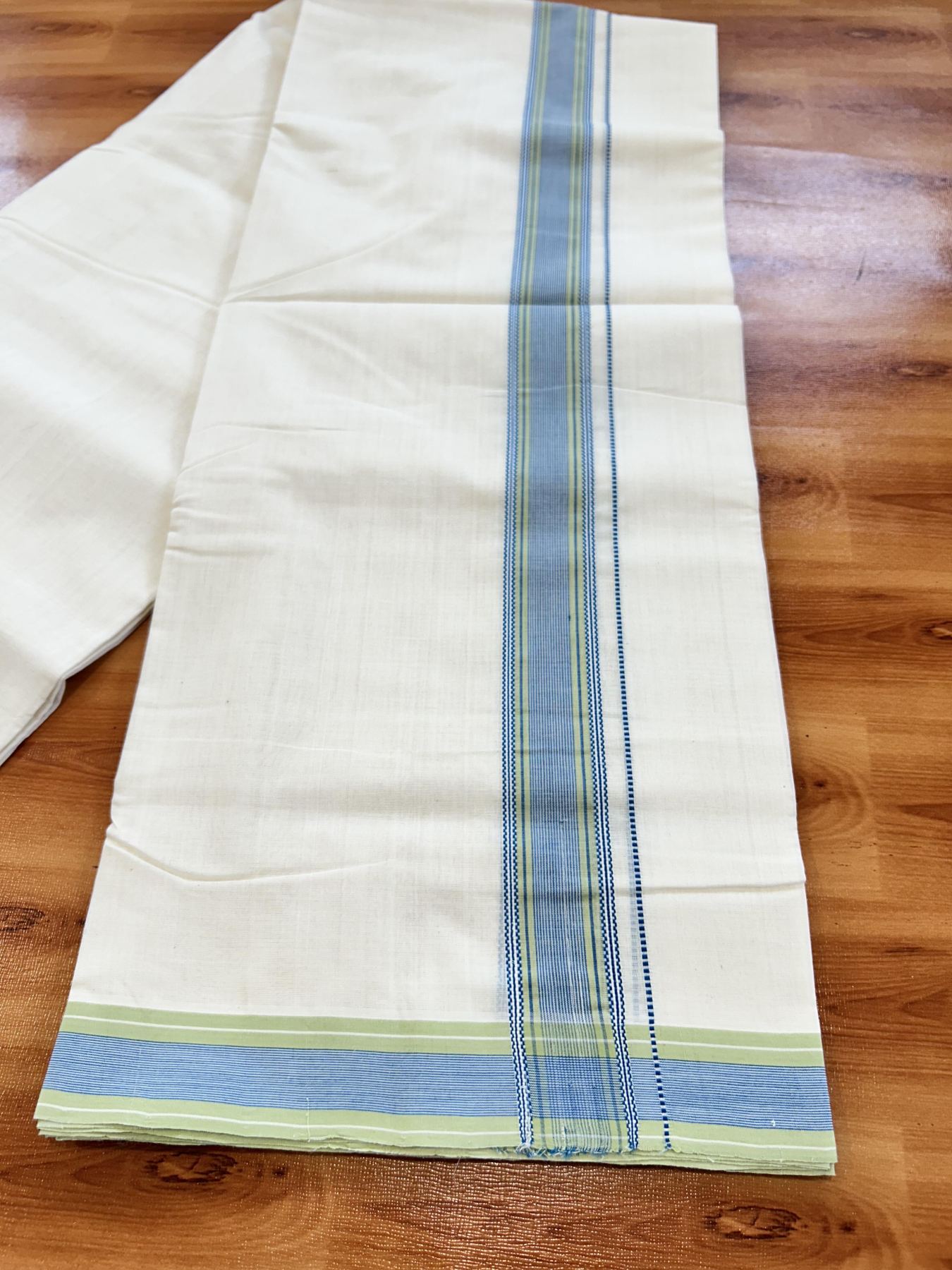 Double Off White (Unbleached) Mundu/Dhoti - 25% Discount!! KaithariKada Handloom Unakkupaav - Kerala Handloom - 100% Pure Cotton - 100x80 - 1.5 inch Blue & Light Green Striped Kara 4 meter (8.5 muzham) - 15 KK5436 REA