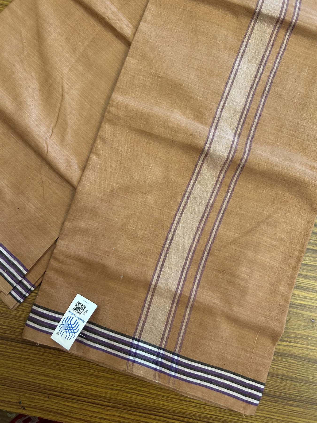 Kerala Handloom - Signature Kaitharikada - Government Sealed Hallmarked - 100% Pure Cotton 2/60x40s Thread - Single Mundu / Dhoti - 1.25 inch White Violet Shaded Striped Kara with Kavi colour Body - 32 KK8046 KAL