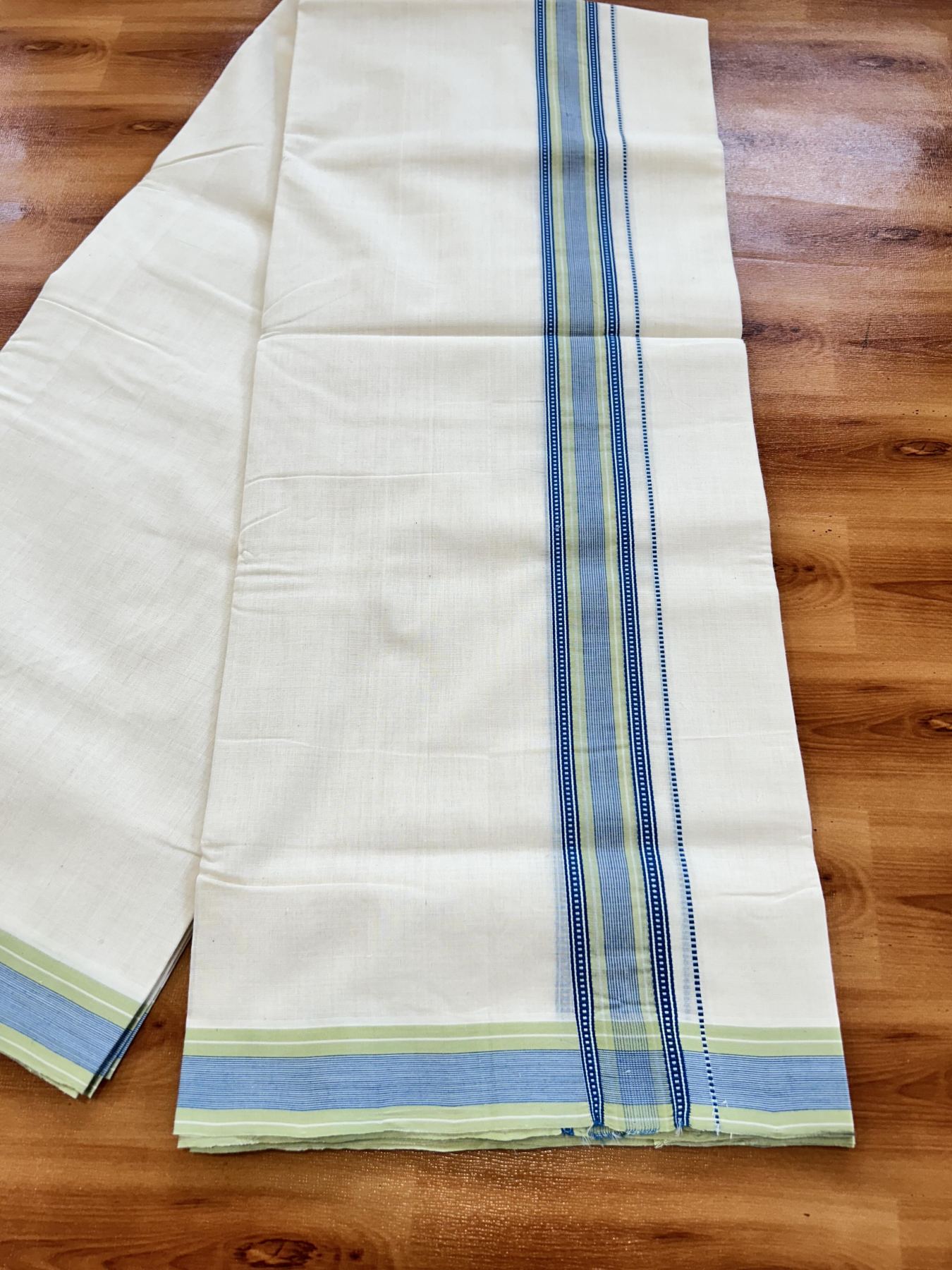 Double Off White (Unbleached) Mundu/Dhoti - 25% Discount!! KaithariKada Handloom Unakkupaav - Kerala Handloom - 100% Pure Cotton - 100x80 - 1.5 inch Blue & Light Green Striped Kara 4 meter (8.5 muzham) - 16 KK5436 REA