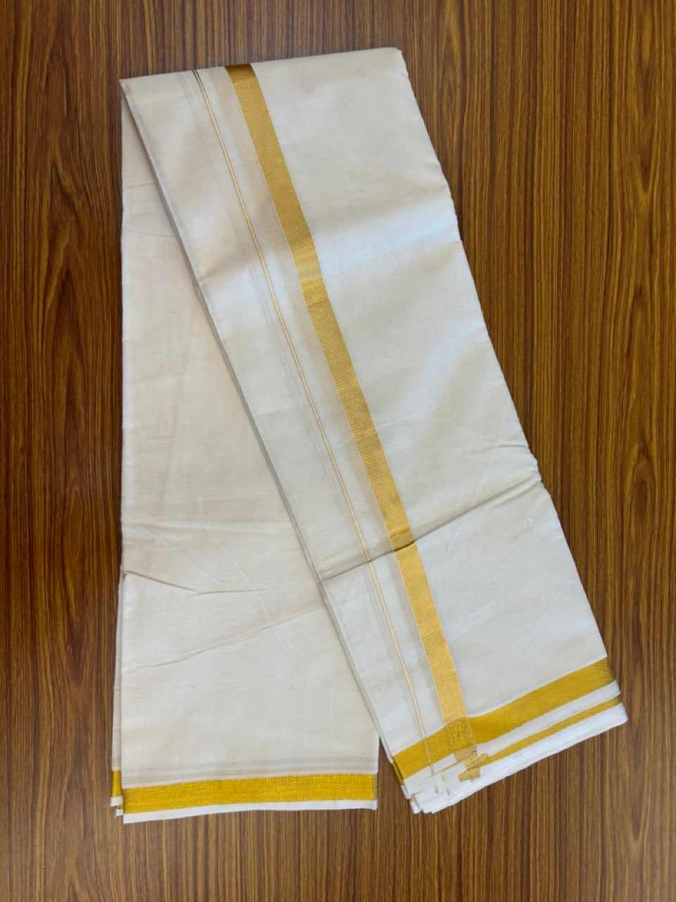 20% Discount! Kaitharikada Balaramapuram Pure Cotton Off White - (Unbleached) - 100x100 thread - North Iindian- Attached Gamcha - 10X6 Dhoti - 0.75 inch Gold Kasav border - 29 KK8304 PMC