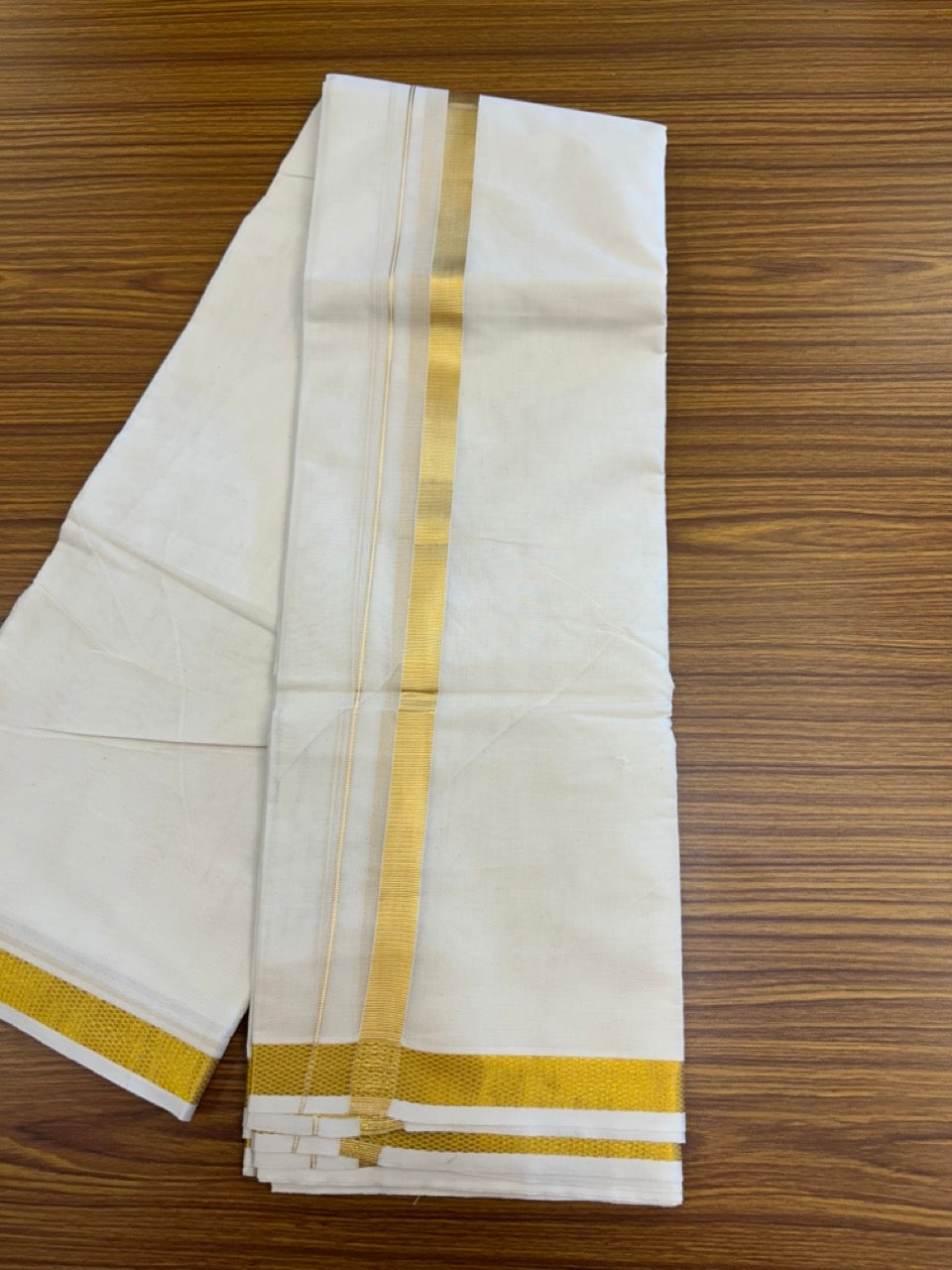 20% Discount! Kaitharikada Balaramapuram Pure Cotton Off White - (Unbleached) - 100x100 thread - North Iindian- Attached Gamcha - 10X6 Dhoti - 0.75 inch Gold Kasav border - 29 KK8304 PMC