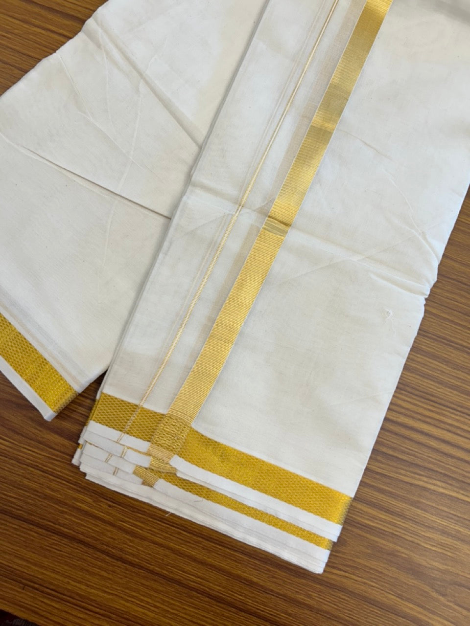 20% Discount! Kaitharikada Balaramapuram Pure Cotton Off White - (Unbleached) - 100x100 thread - North Iindian- Attached Gamcha - 10X6 Dhoti - 0.75 inch Gold Kasav border - 29 KK8304 PMC