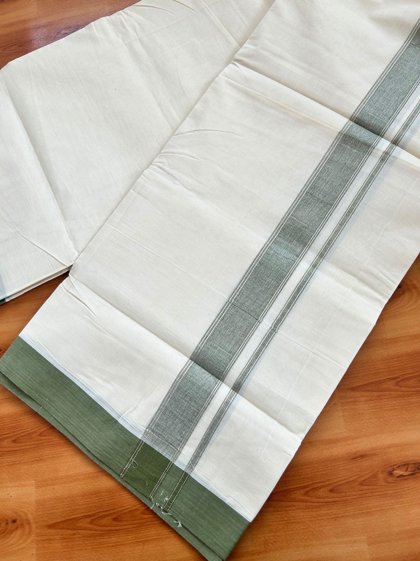 Double Off White (Unbleached) Mundu/Dhoti - 20% Discount! Kaitharikada Pure Cotton - 80x80 - 1.25 Inch Olive Green & Silver shaded Kara 4 mtr (8.5 muzham) - 14 KK5497 MRH