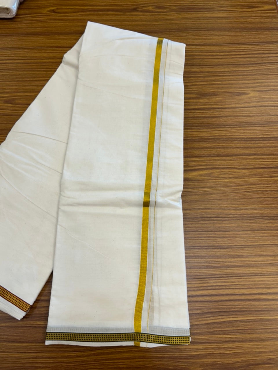 20% Discount! KaithariKada Cotton Mix Off White - (Unbleached) 80X90 thread - North Indian - Attached Gamcha - 10X6 Dhoti -0.25 inch Gold Kasav kara with Maroon & Green Gold Kasav Design border - 15 KK8304 PMC