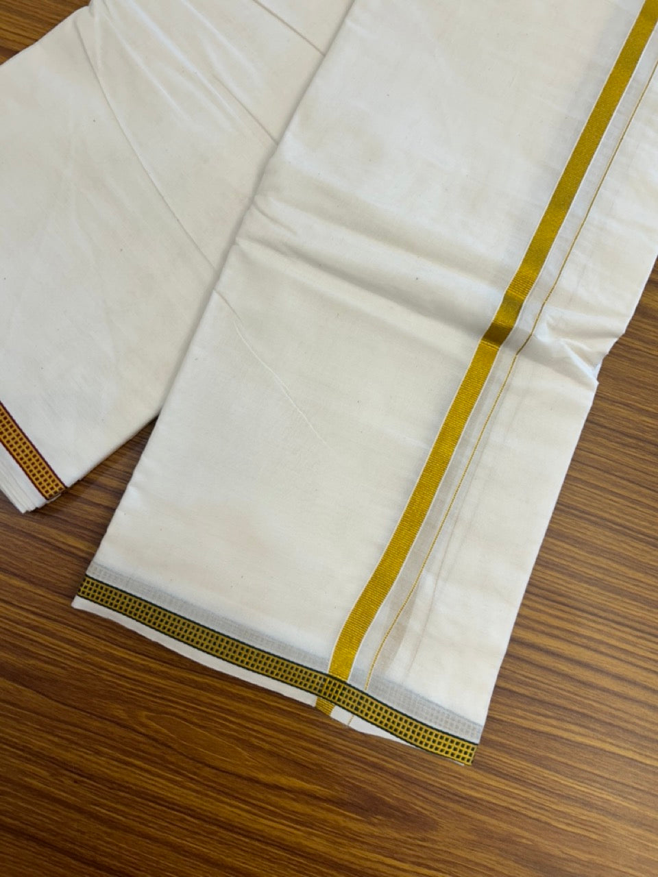 20% Discount! KaithariKada Cotton Mix Off White - (Unbleached) 80X90 thread - North Indian - Attached Gamcha - 10X6 Dhoti -0.25 inch Gold Kasav kara with Maroon & Green Gold Kasav Design border - 15 KK8304 PMC